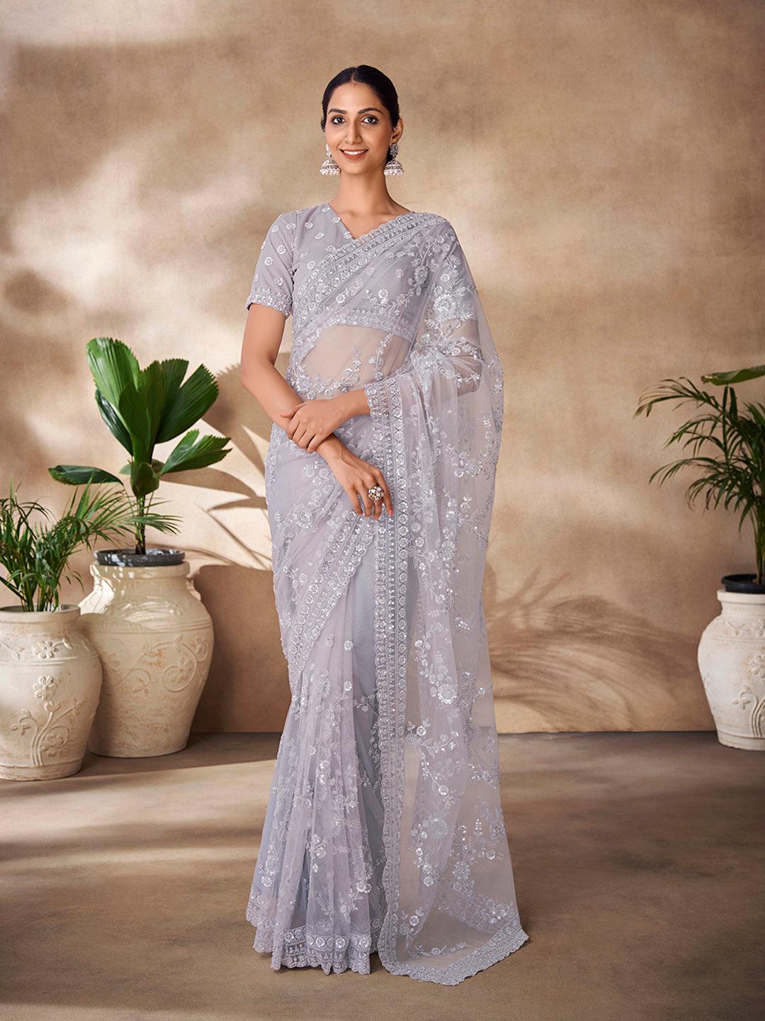 Grey color Embroidered and sequined saree Buy Online Cheap