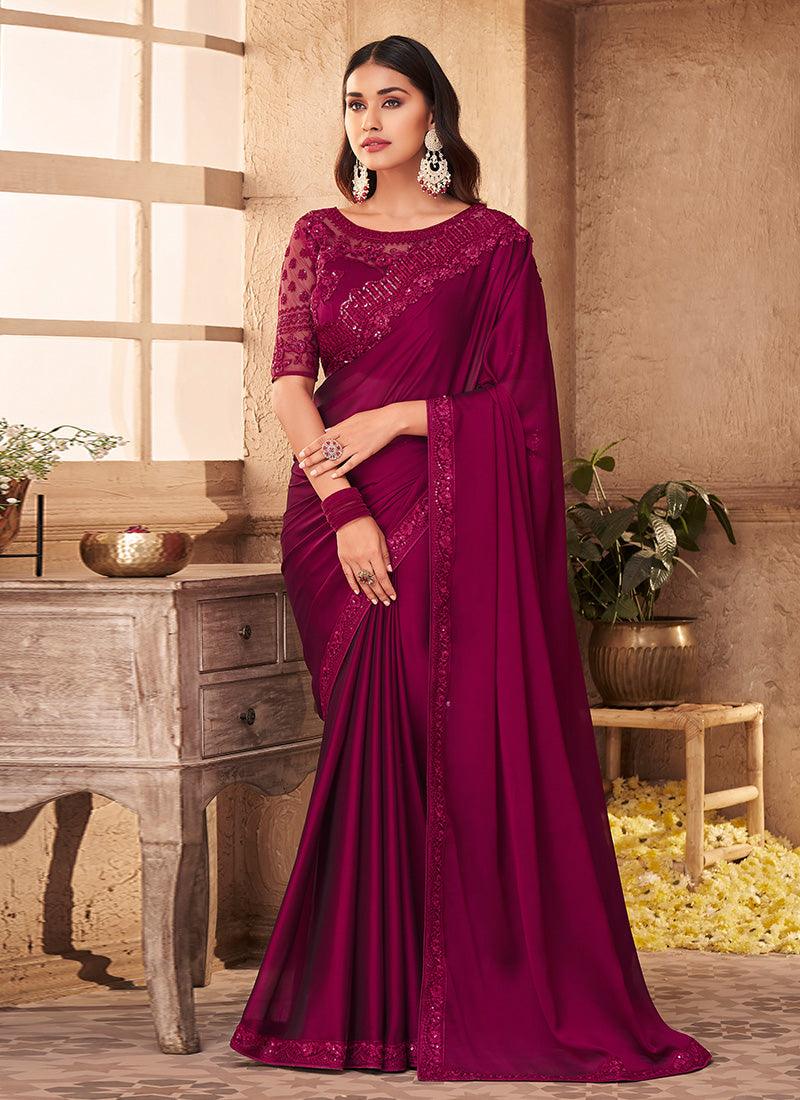 Ravishing Wine Colored Silk Fabric Saree With Sequins Work Sale Low Shipping Fee