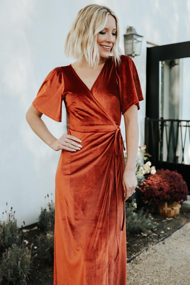 Meghan Velvet Wrap Maxi Dress | Rust Sale Footlocker