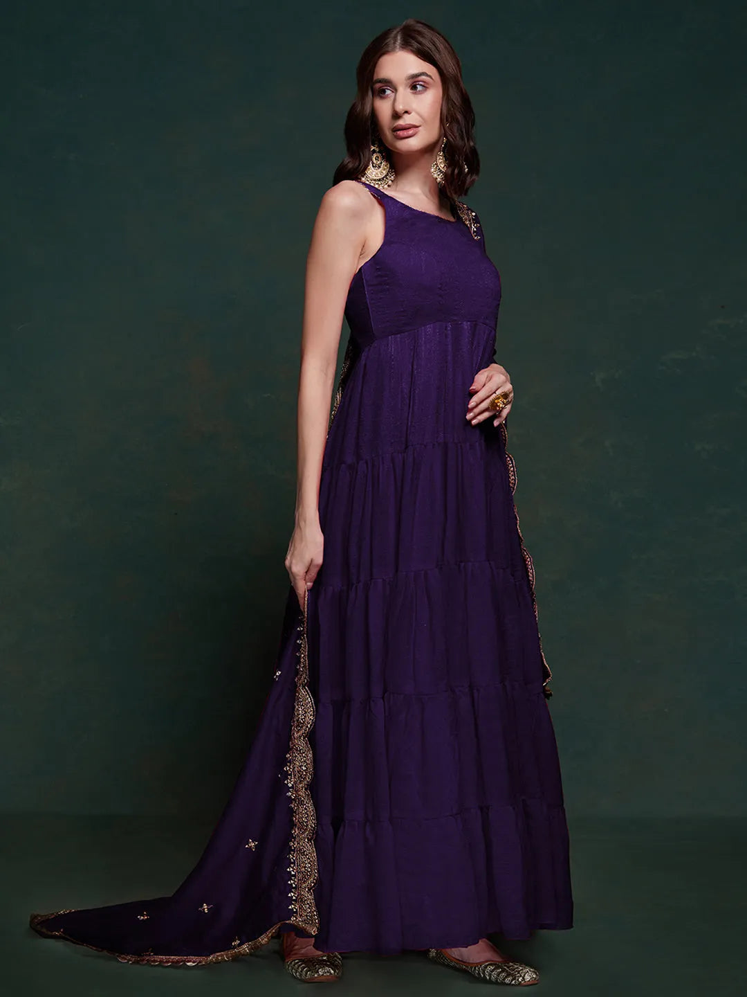 Purple Ruffle Sleeveless Gown With Heavy Dupatta 2025 Unisex Online