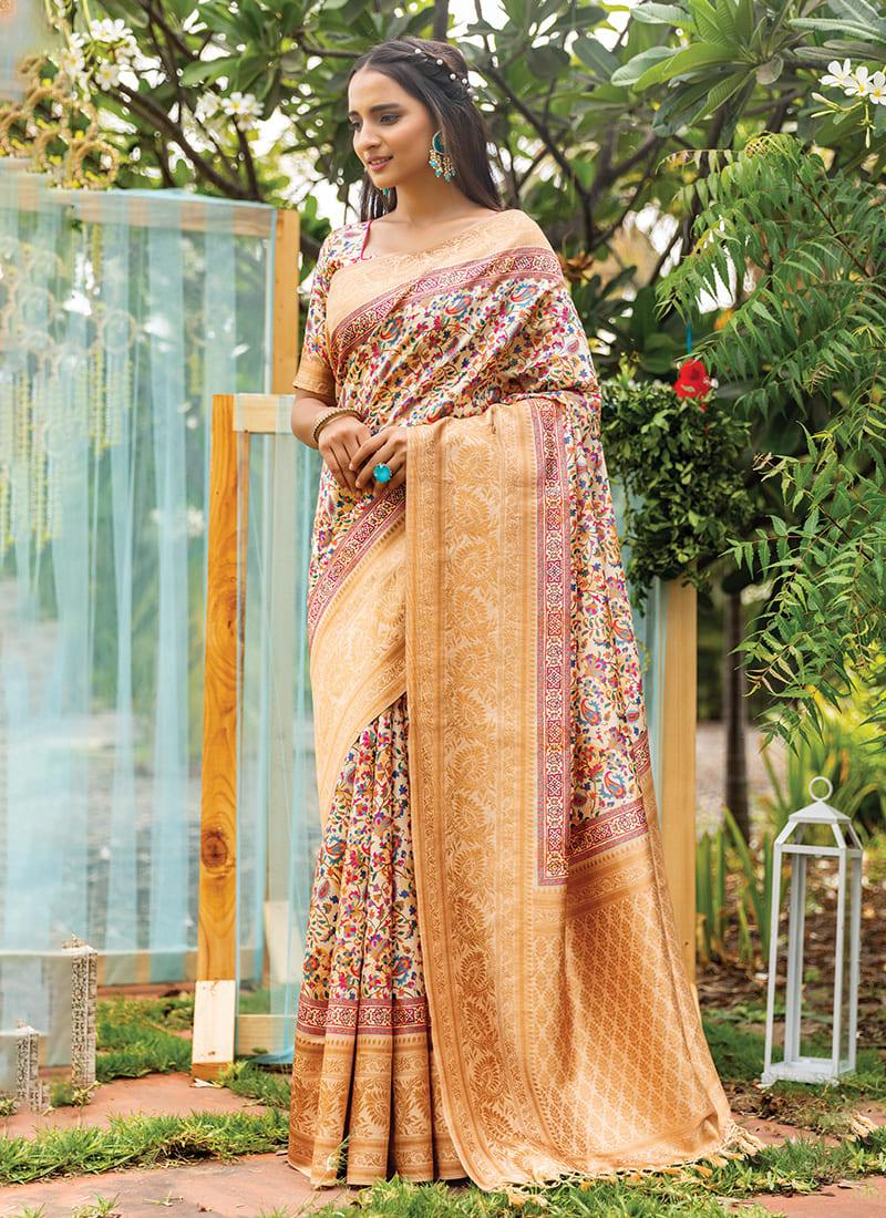 Light Yellow Color Kashmiri Digital Printed Silk Base Saree With Matching Blouse Deals Cheap Online