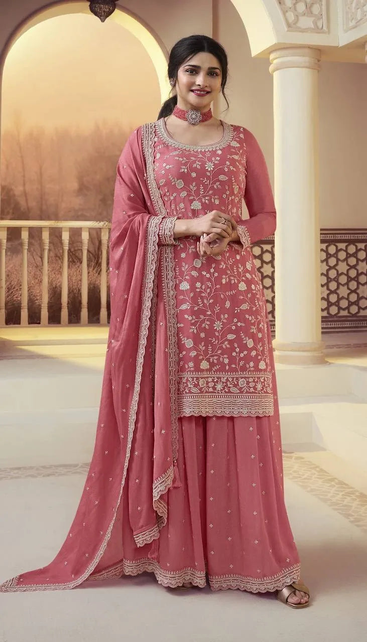 Formidable Dusty Pink Embroidered Palazzo Suit Buy Authentic Online