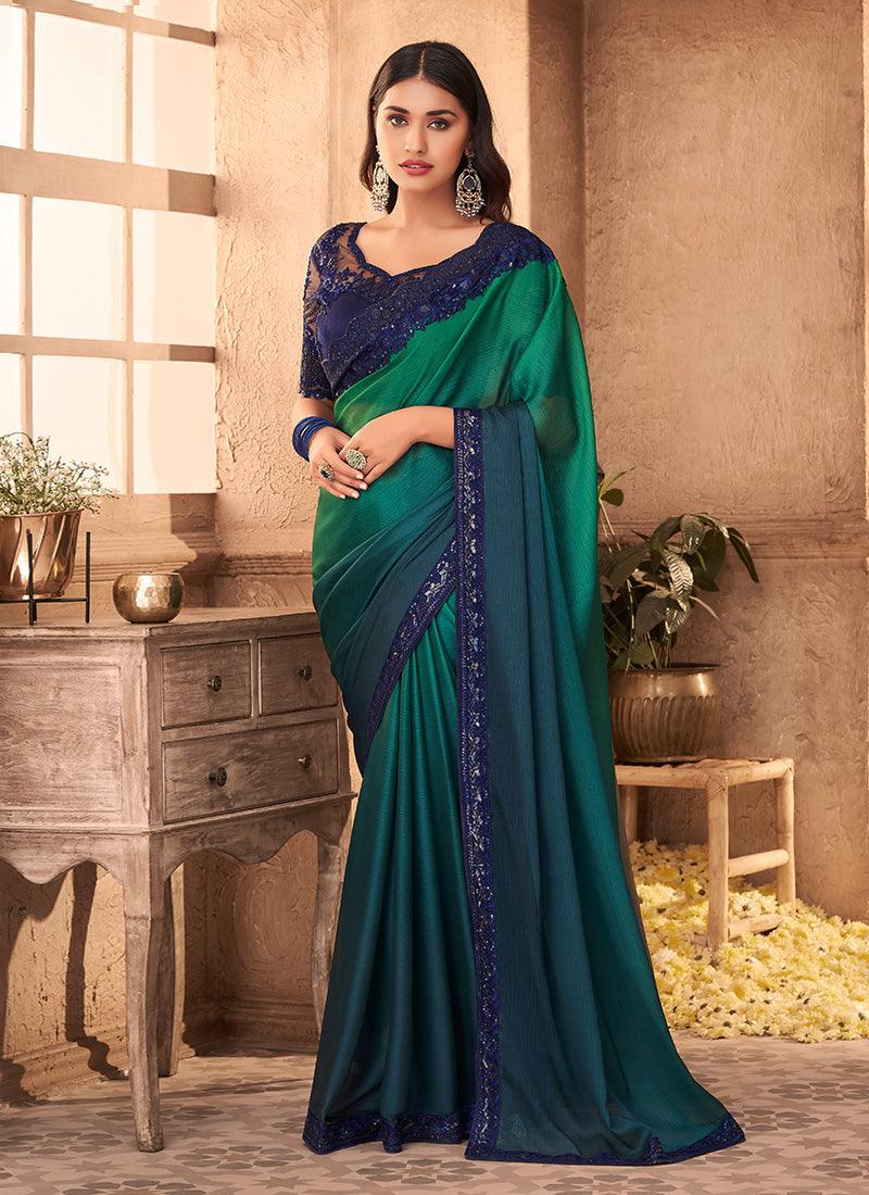 Blue And Green Color Silk Material Saree With Sequins Work Cheap Big Sale