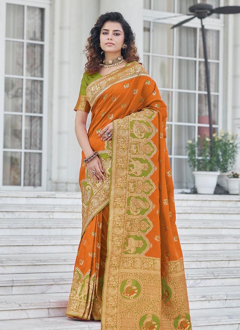 Elegant Orange Color Banarasi Silk Base Silk Weave Work Saree Wholesale Pice