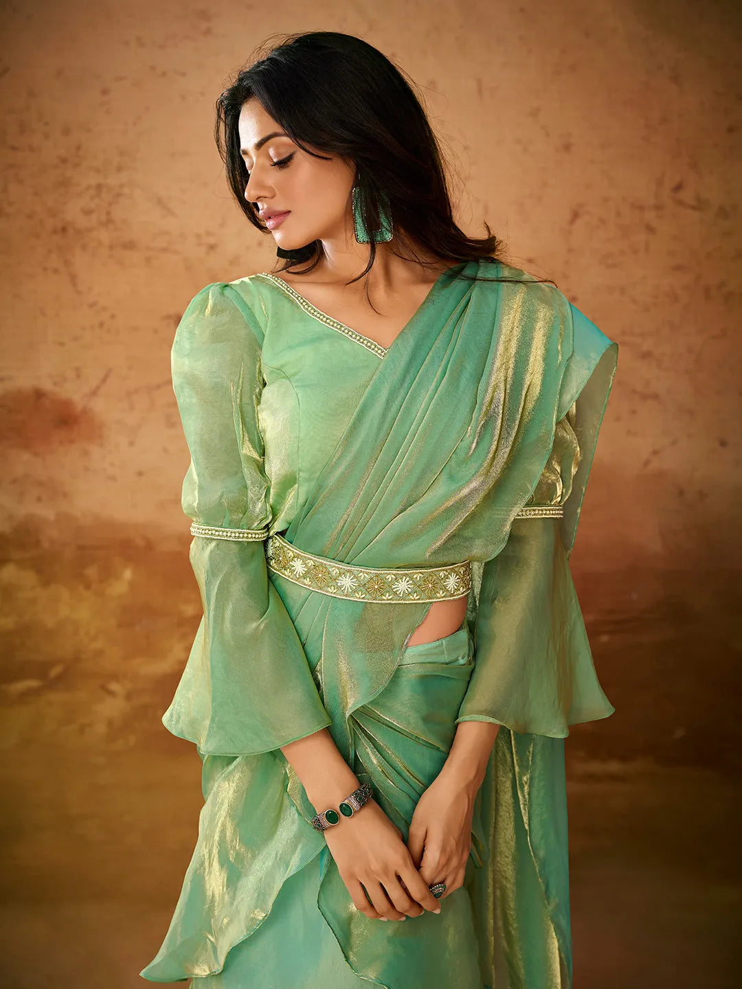 Green Organza Handworked Designer Ready To Wear Saree Countdown Package Cheap Pice