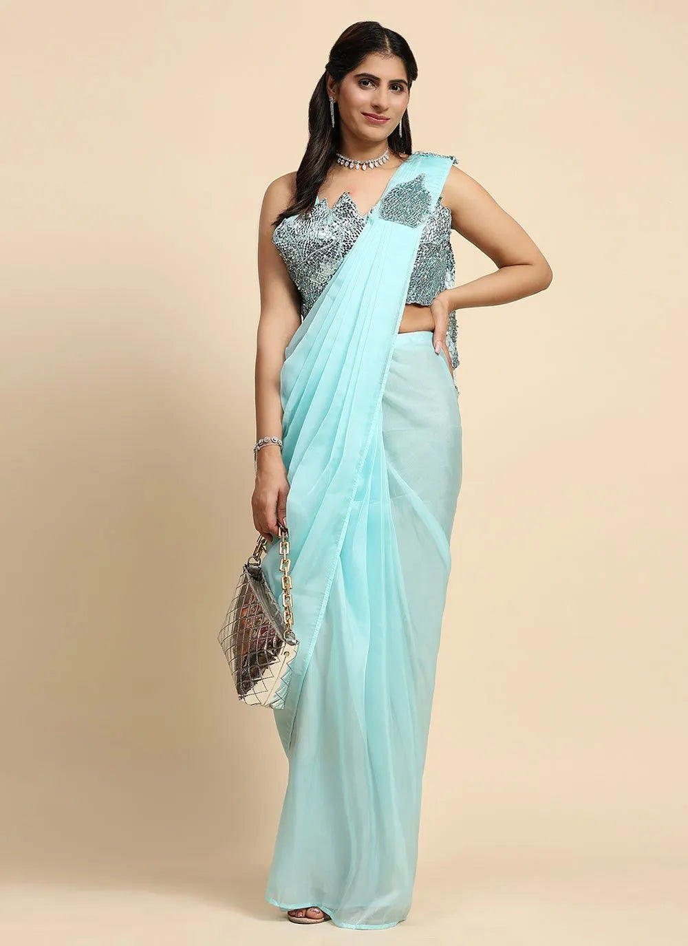 Sky Blue Organza Silk Sequins Embroidered Ready To Wear Saree Big Sale Cheap Online