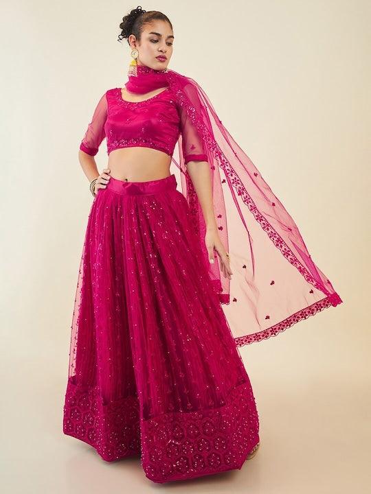 Pink Net embroidered and sequinned Flared lehenga Choli Free Shipping New Styles