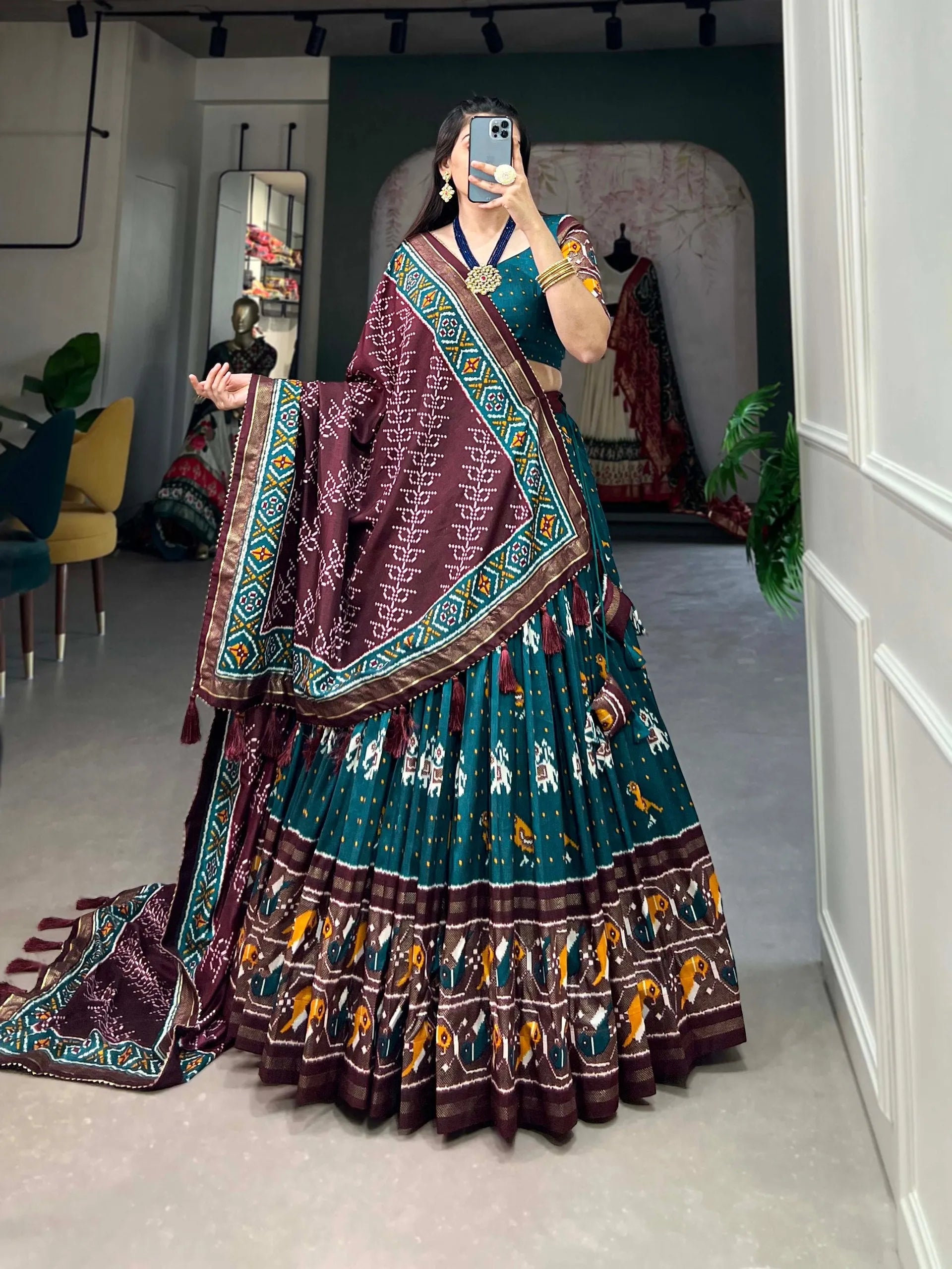 Teal Colored Tussar Silk Patola Printed Foil Worked Lehenga Choli For Sale Free Shipping