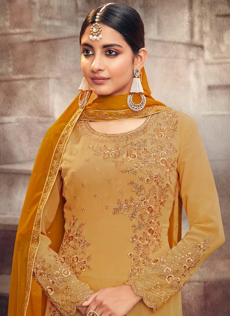 Yellow Color Georgette Base Zari Work Salwar Kameez With Contrast Dupatta Free Shipping Genuine