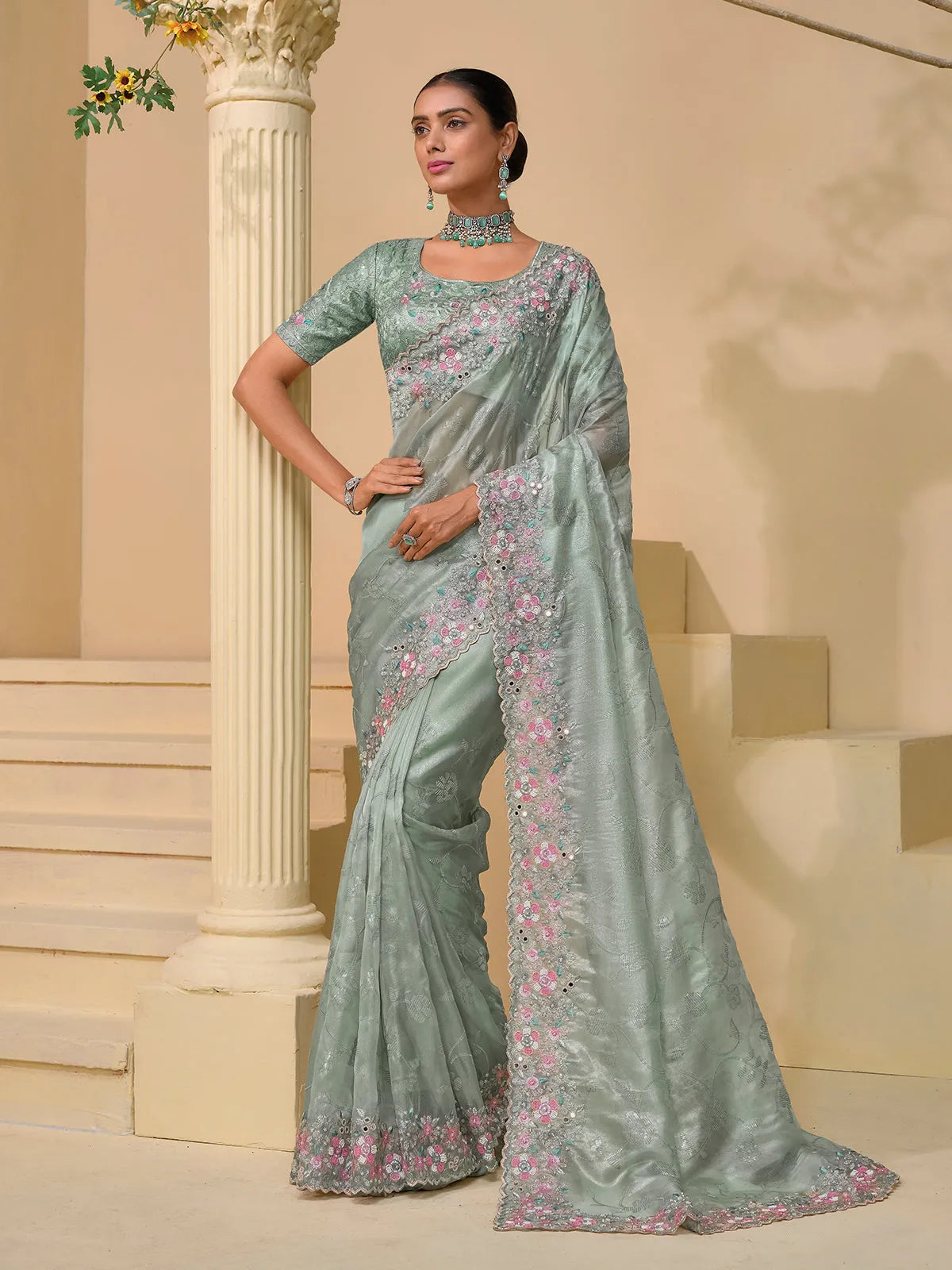 Phenomenal Pista Shine Silk Embroidered Saree Excellent