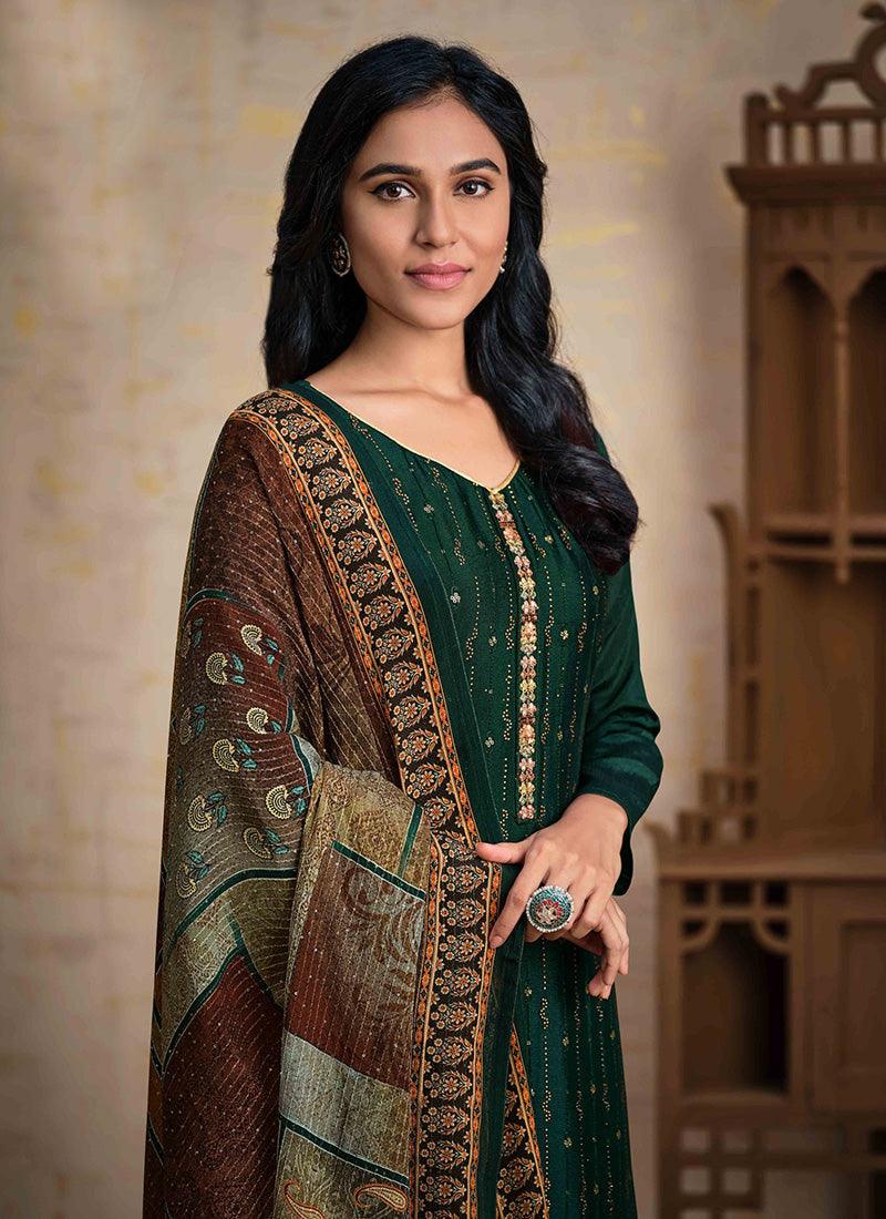 Dark Green Color Chinnon Fabric Swarovski Salwar Suit With Matching Dupatta Really Cheap