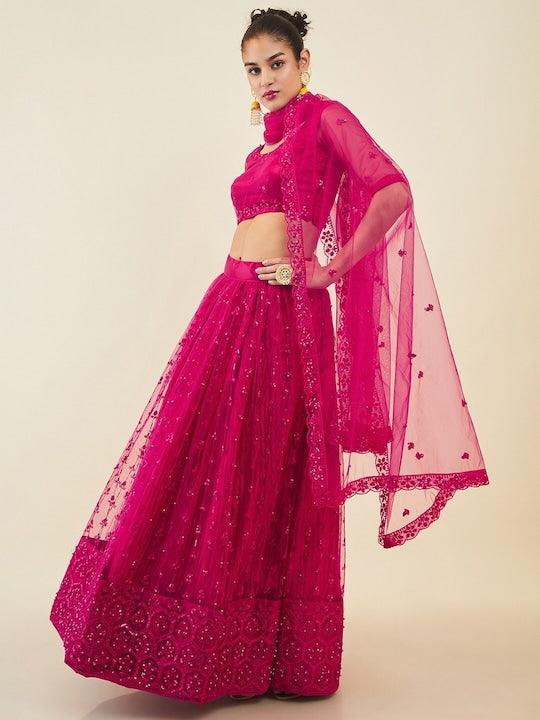 Pink Net embroidered and sequinned Flared lehenga Choli Free Shipping New Styles