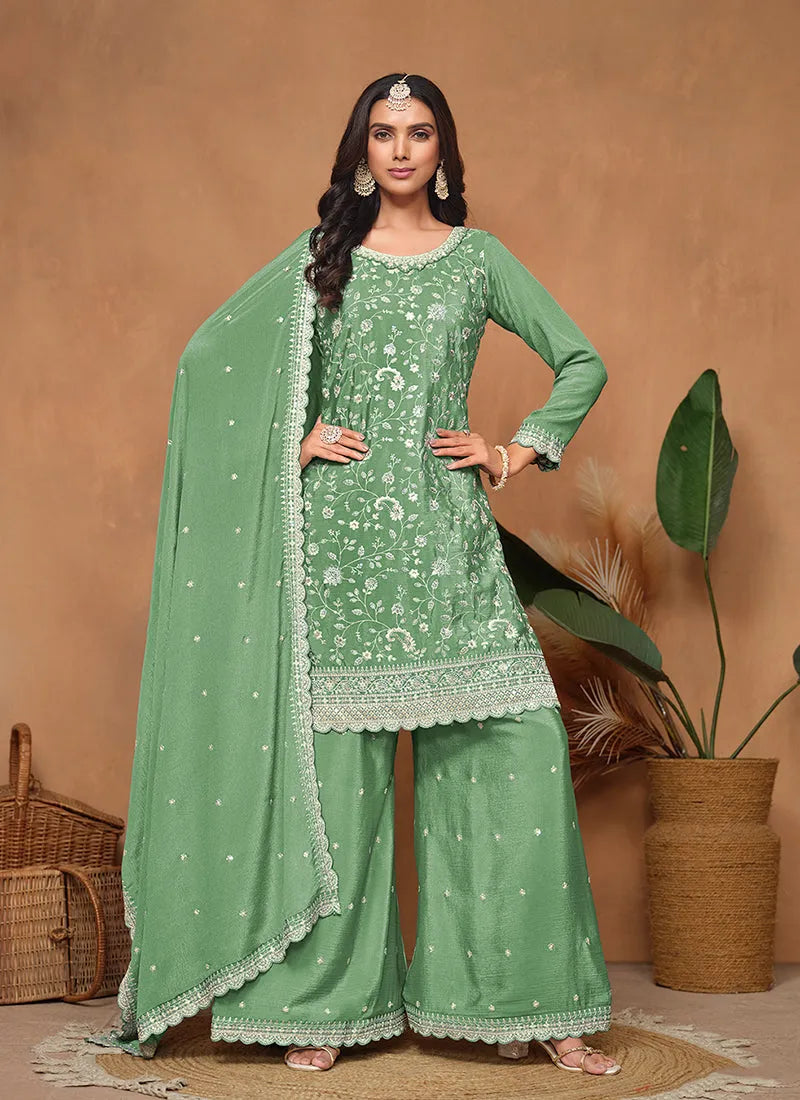 Mint Green Chinon Festival Wear Top Palazzo Suit Best Sale Cheap Pice