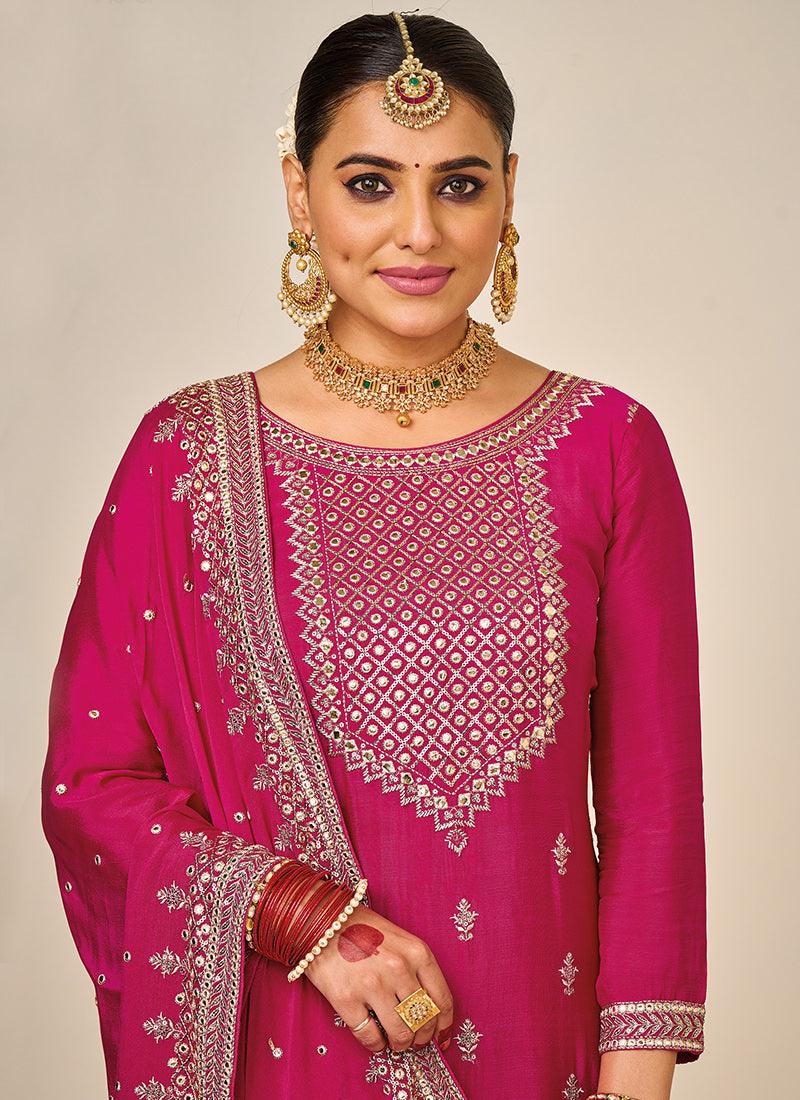 Rani Pink Silk Base Pakistani Dress Looking For Sale Online