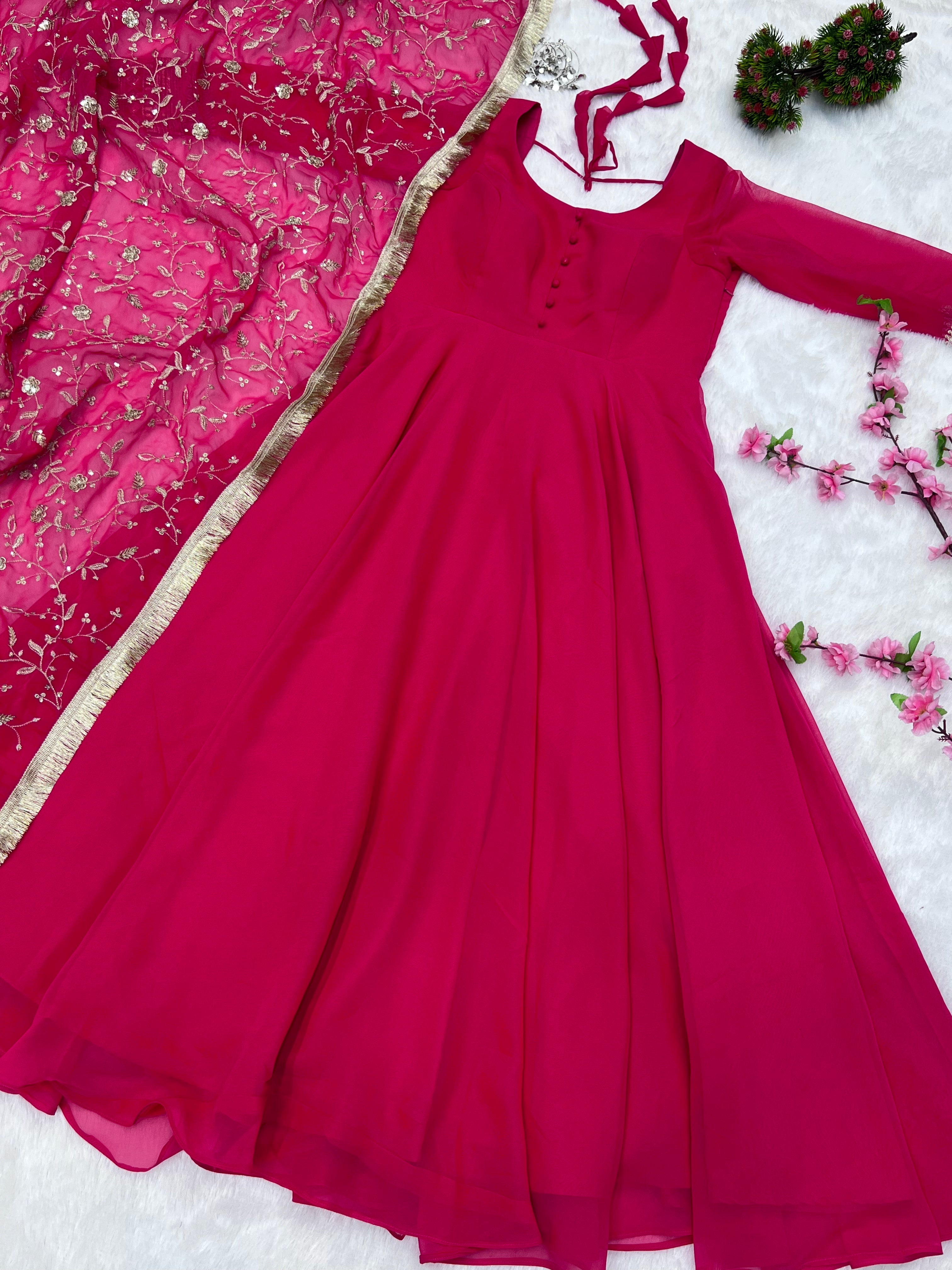 Rani Pink Color Georgette Gown With Dupatta Set Discount Original