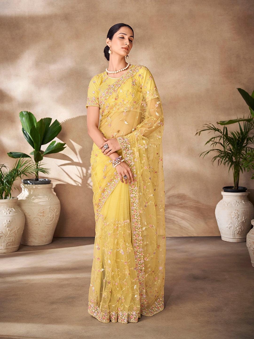 Yellow Net base embroidered and zarkan work saree With Credit Card Free Shipping