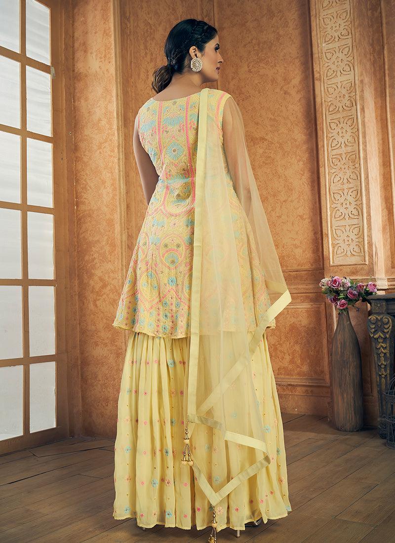 Georgette Material Yellow Color Thread Work Sharara Suit Discount Shop Offer