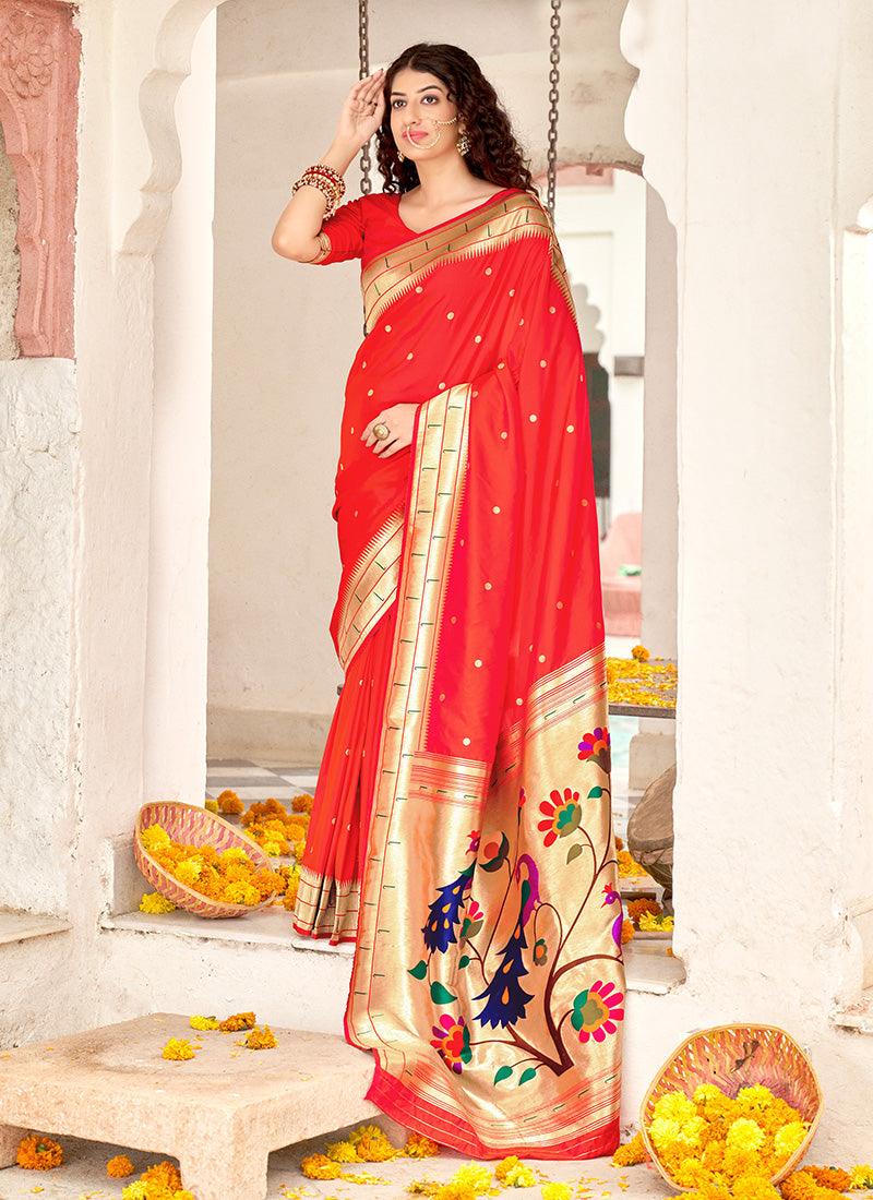 Red Color Banarasi Silk Fabric Silk Weave Embroidered Saree Cheap Pice Outlet Sale