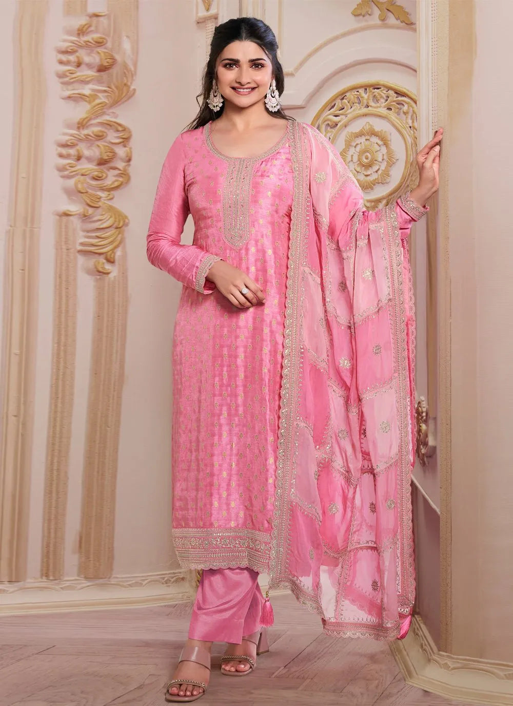 Rose Pink Dola Jacquard Sequins Embroidered Straight Suit Outlet Get To Buy