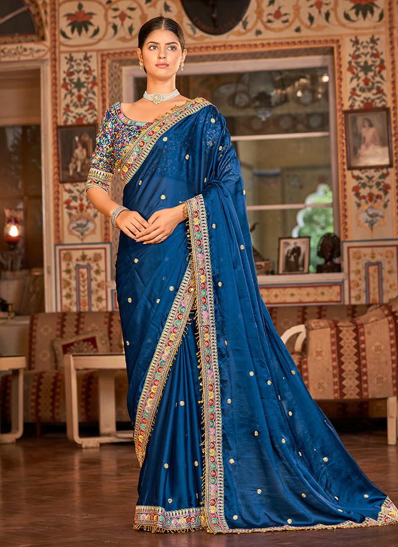 Thread Work Blue Organza Saree Cheap Exclusive