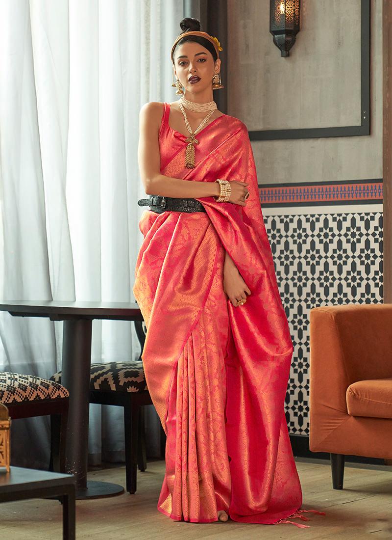 Two Tone Silk Weaving Peach Saree Low Cost Online