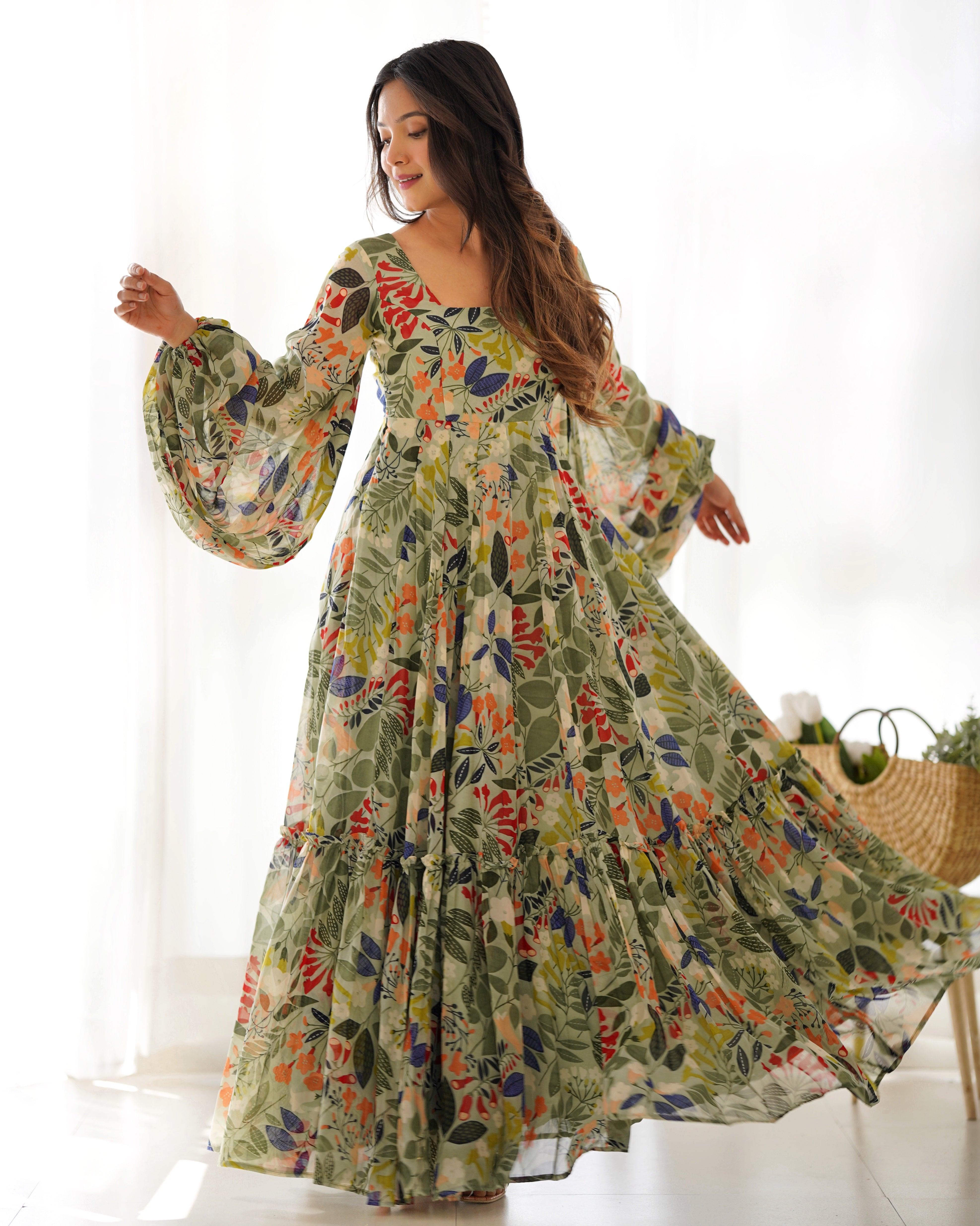 Multi color printed georgette base floral gown Sale Geniue Stockist