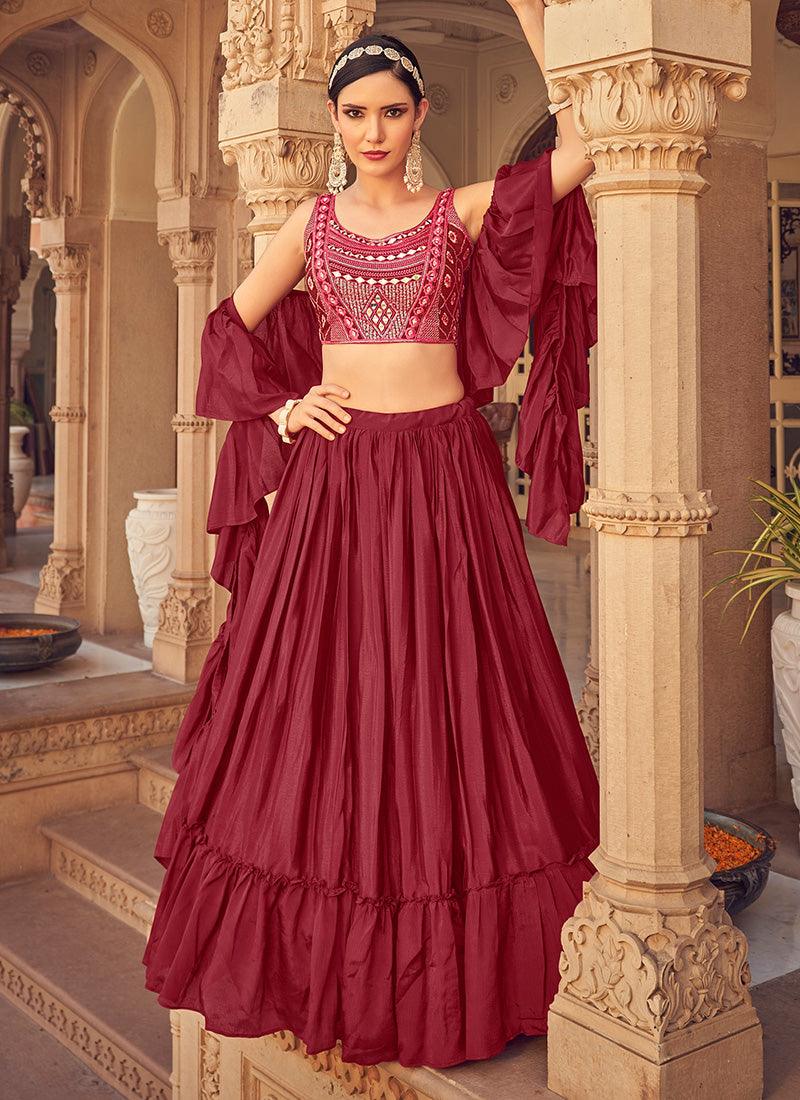 Mirror Work Choli With Maroon Ruffle Chaniya Low Pice For Sale