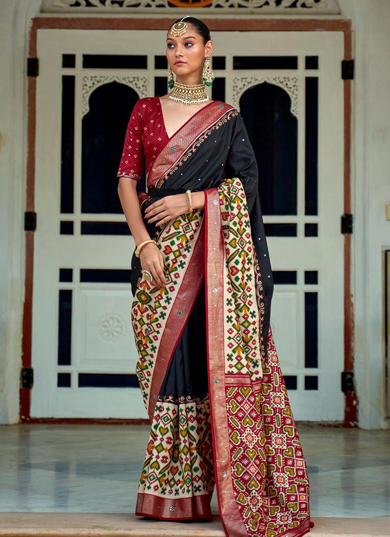 Black Foil Work Patola Silk Saree Visit New Online