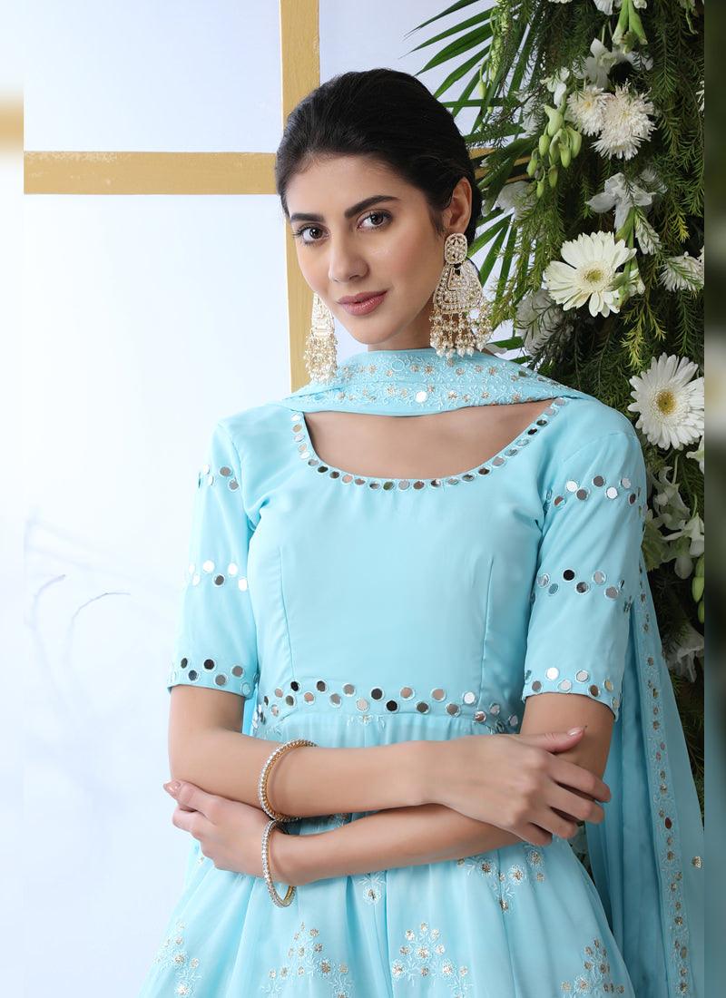 Sky Blue Resham Mirrorwork And Georgette Salwar Suit Sale Popular