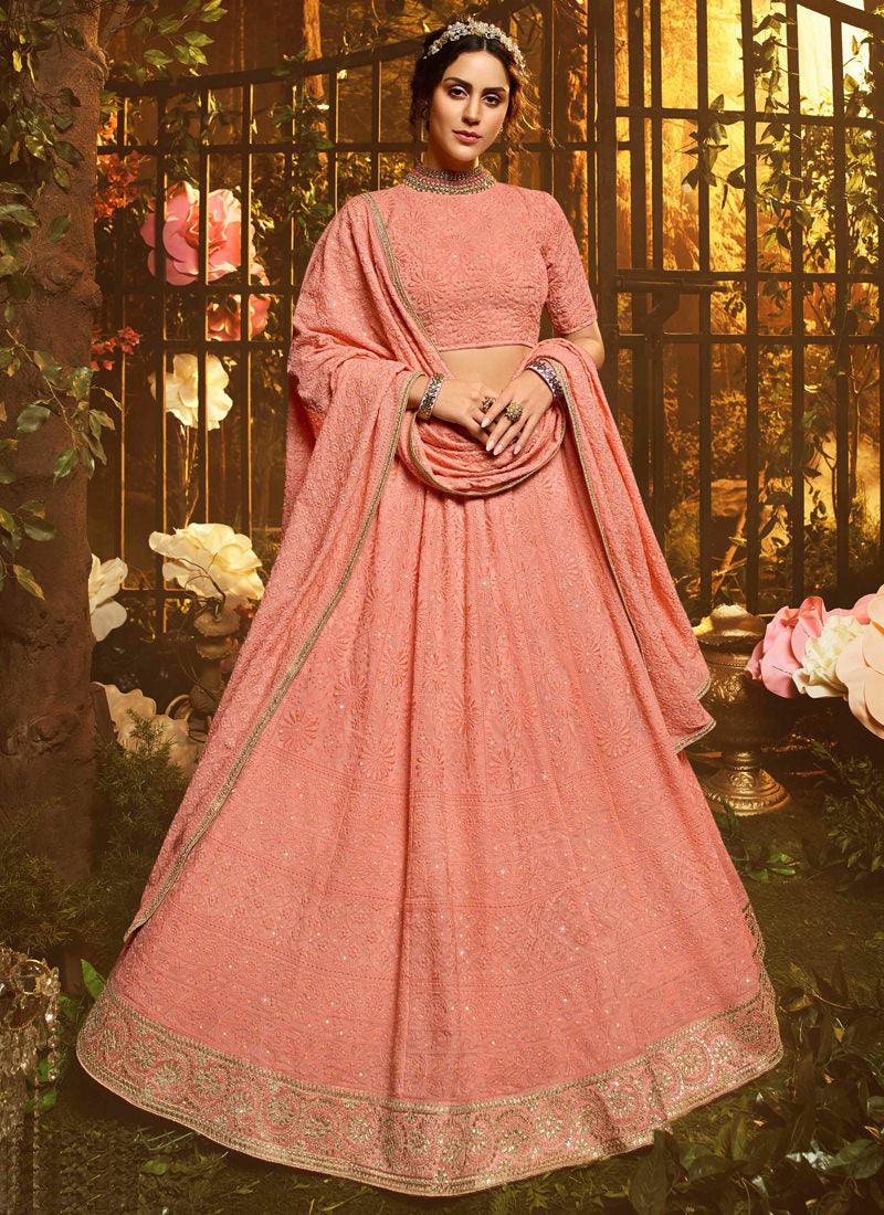 Peach Resham Dori And Sequins Georgette Flared Lehenga Choli Buy Cheap Great Deals