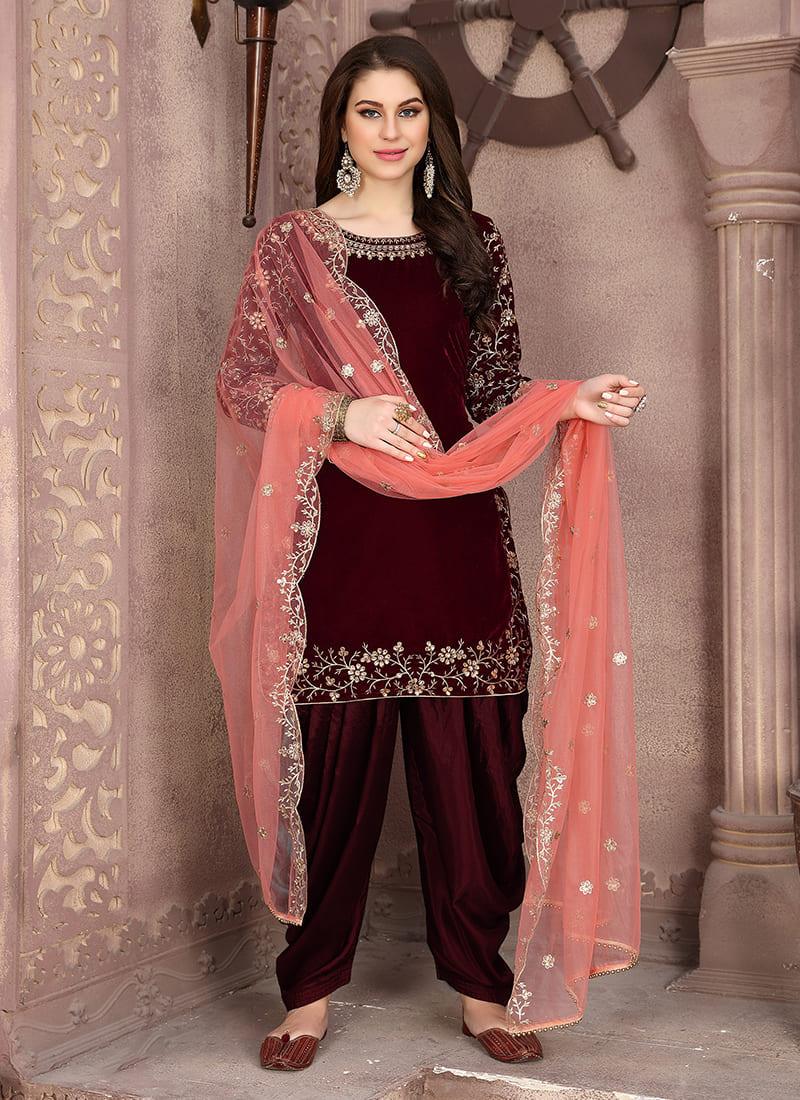 Maroon Velvet Embroidered Patiala Suit Comfortable Online