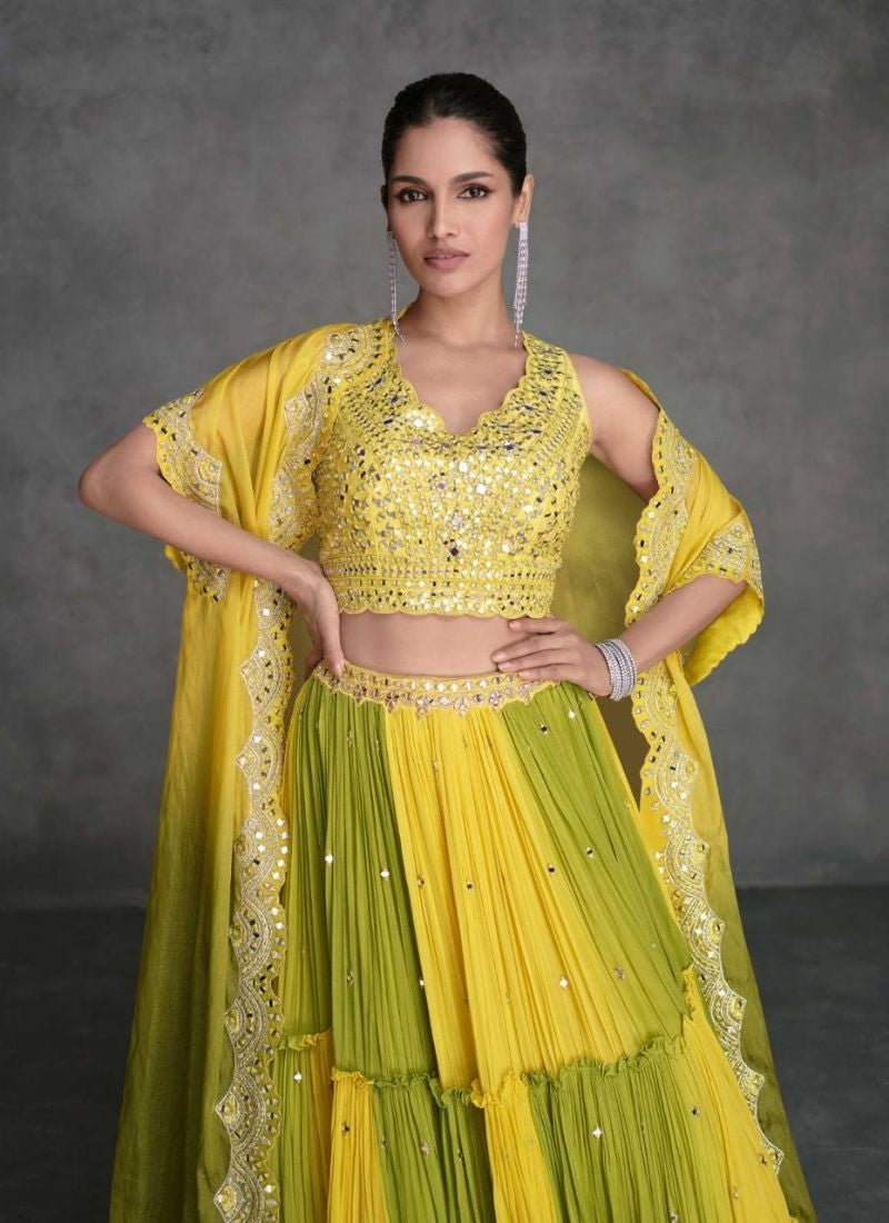 Designer Yellow Embroidered Organza Silk Lehenga Set with Crop Top For Sale Free Shipping