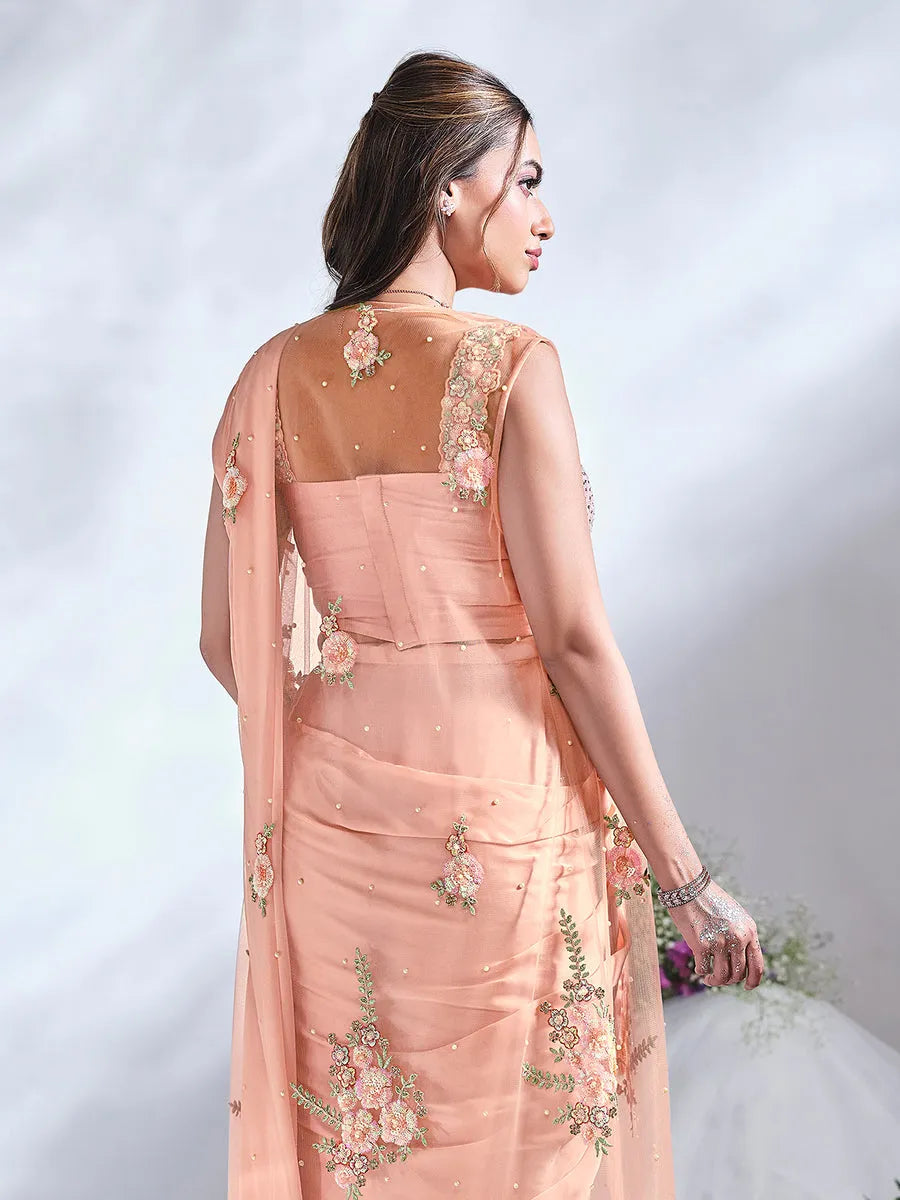 Passionate Peach Ready To Wear Crepe Satin Silk Saree Clearance 100% Guaranteed