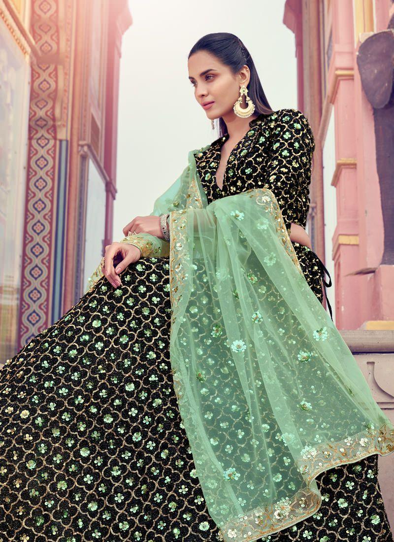 Gorgeous Look Black Color Lehenga Choli With Green Color Dupatta The Cheapest