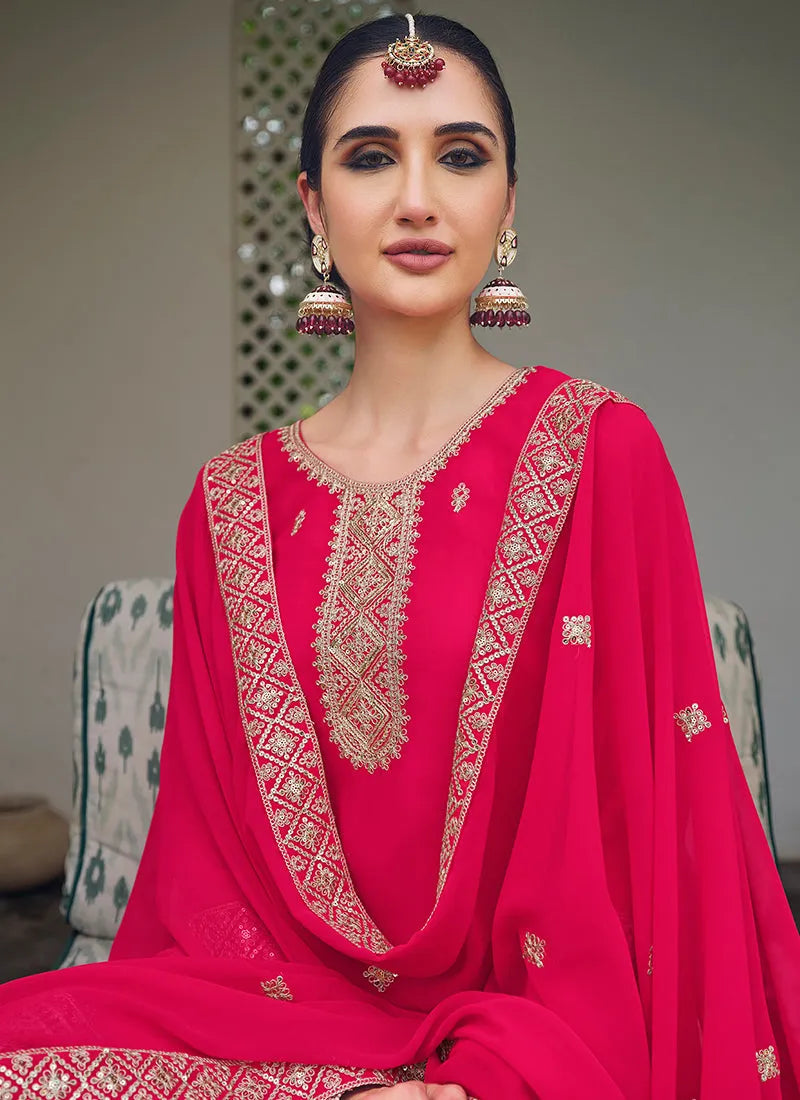 Mesmerizing Pink Embroidered Georgette Palazzo Suit Discount Fashionable