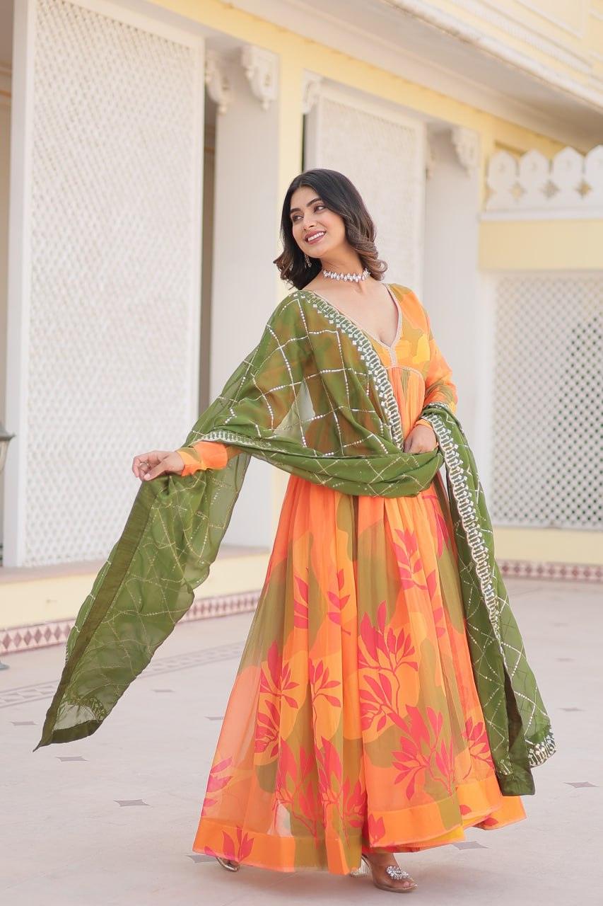 Multi color silk  printed gown with Embroidered dupatta Supply