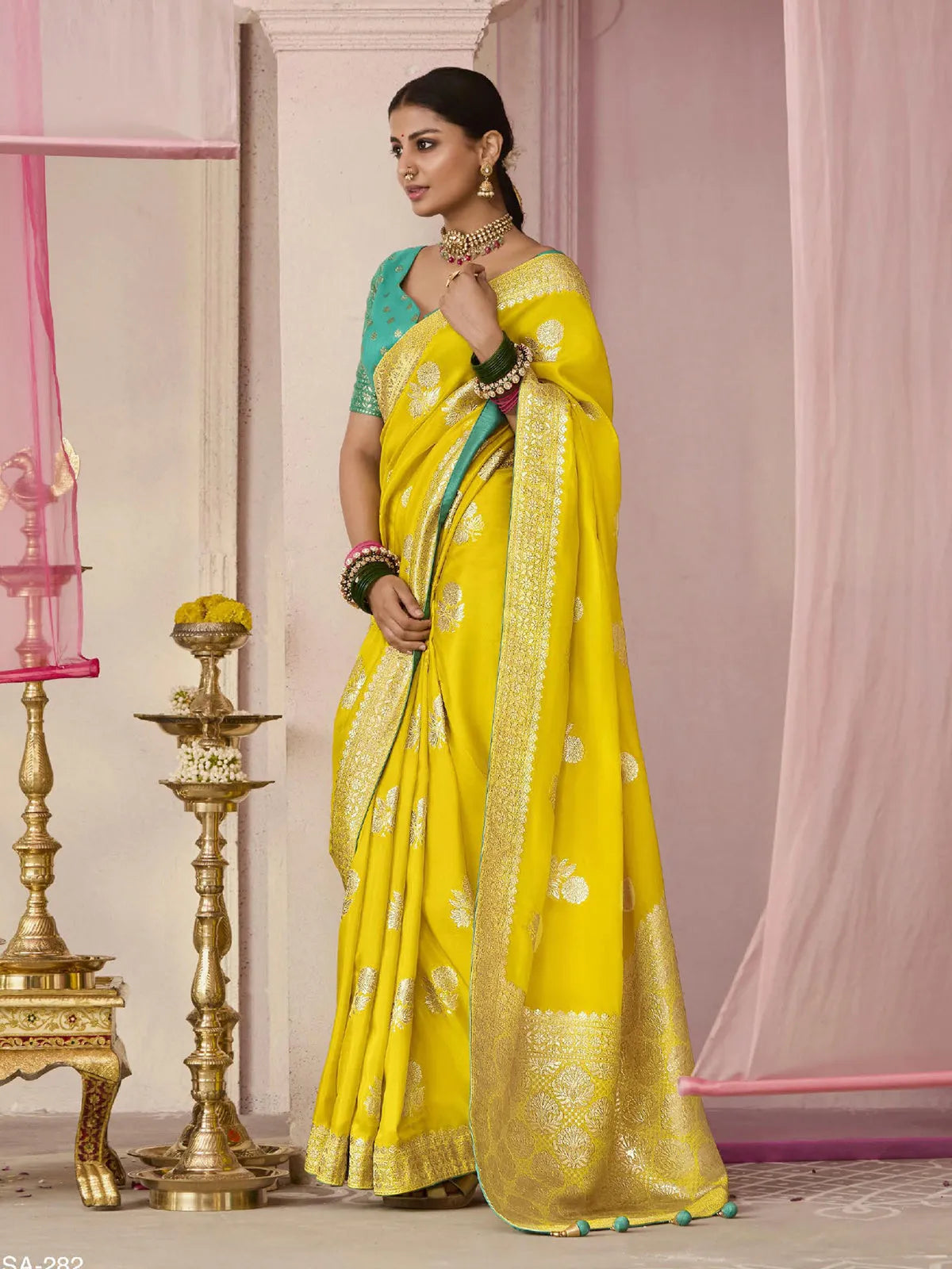 Yellow Designer Silk Saree with Floral Weaving Work Discount Online