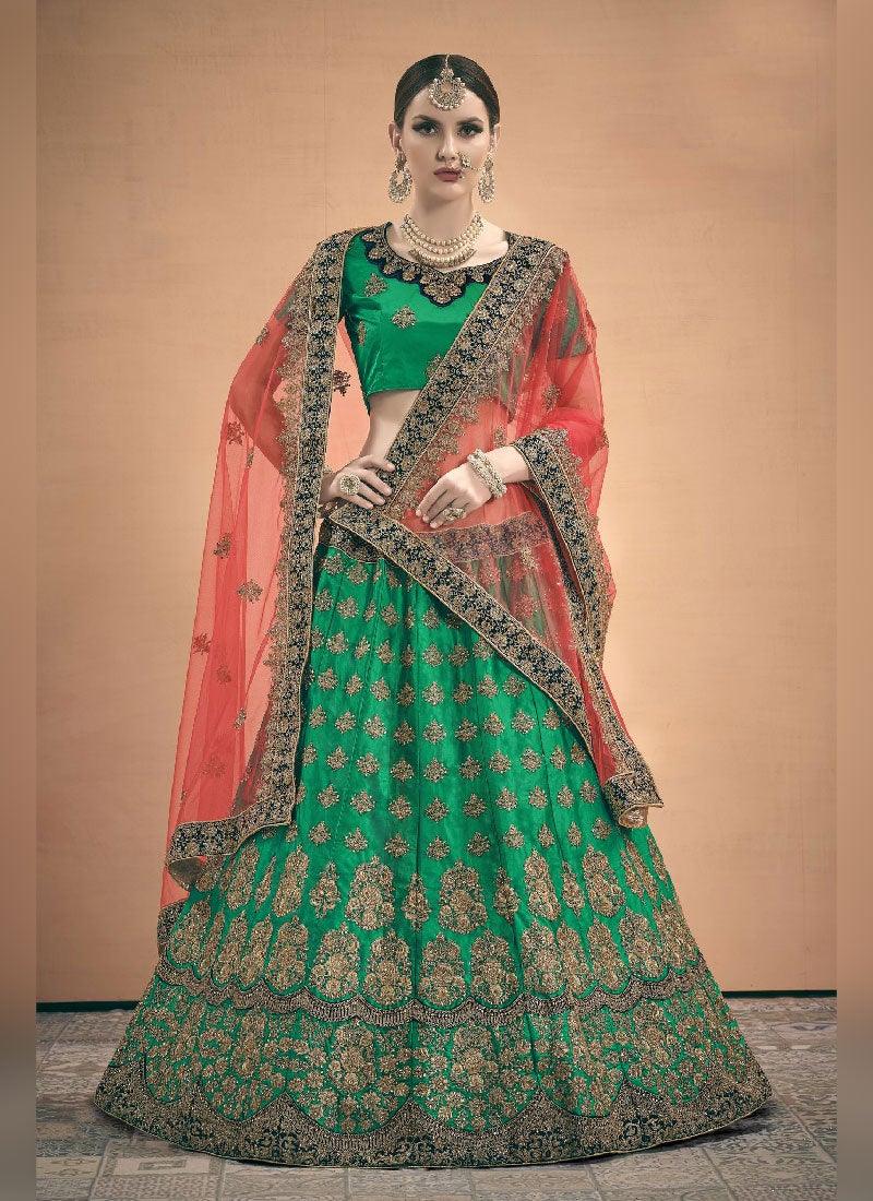 Green Color Satin Fabric Stone And Zari Work Lehenga Choli Get To Buy For Sale