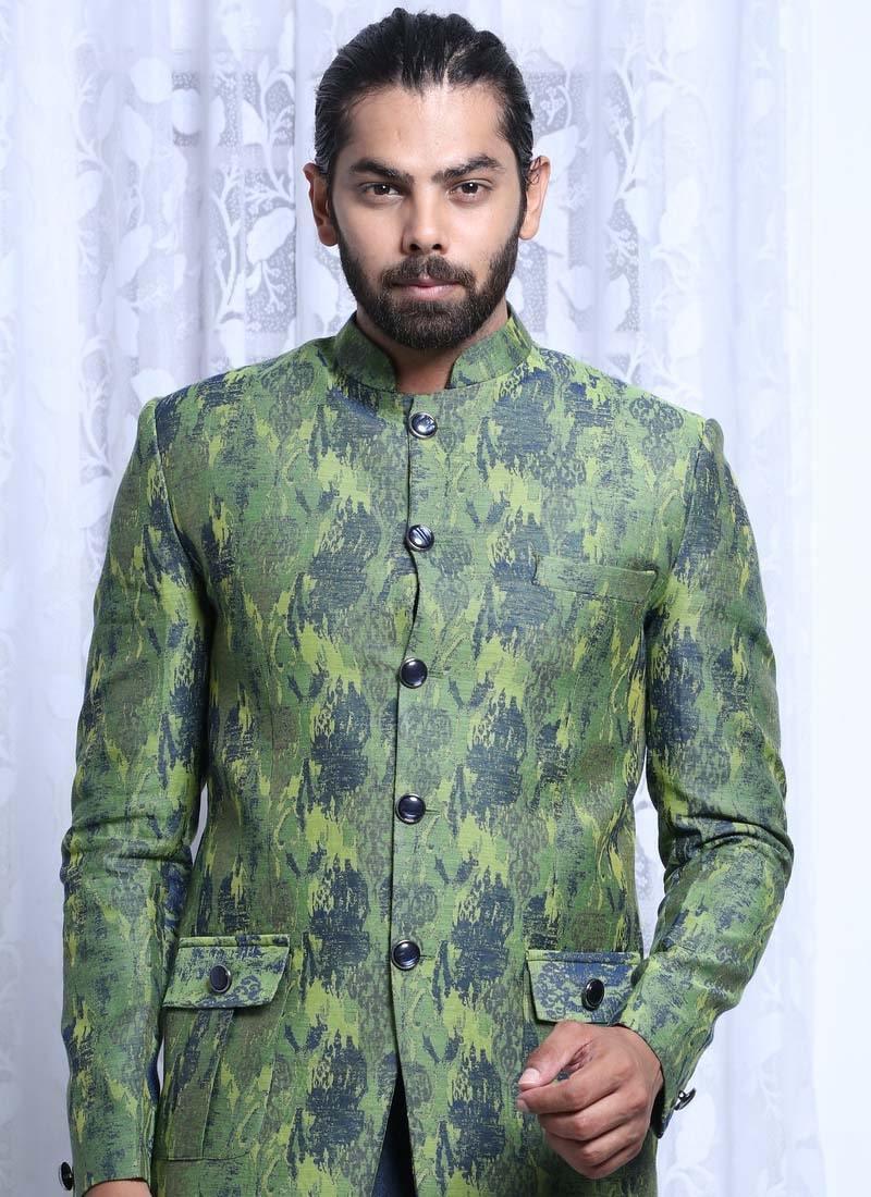 Marvelous Green Color Cotton Fabric Regular Fit Printed Jodhpuri Suit Top Quality Online