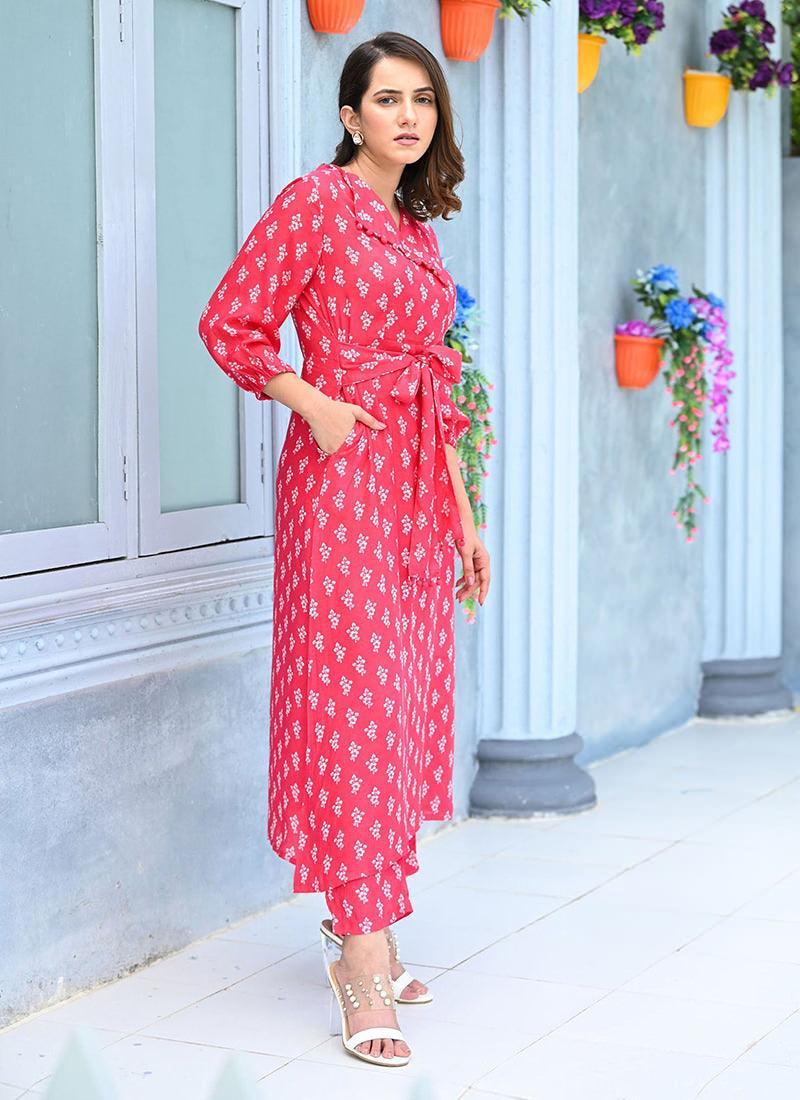 Printed Red Long Coat Style Kurti Cheap Store