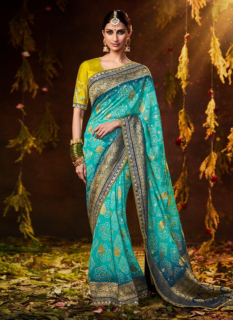 Embroidered Blouse With Turquoise Bandhej Saree Cheap Sale Big Sale