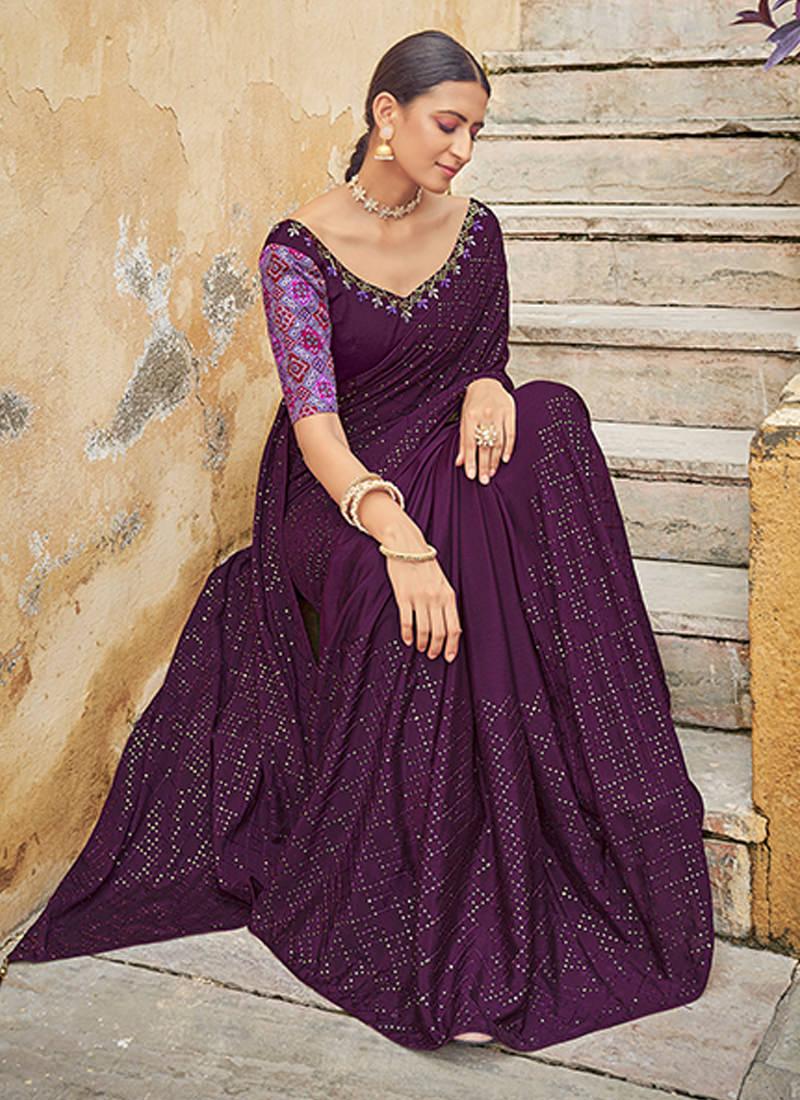 Embroidered Chinon Wine Saree Low Cost For Sale