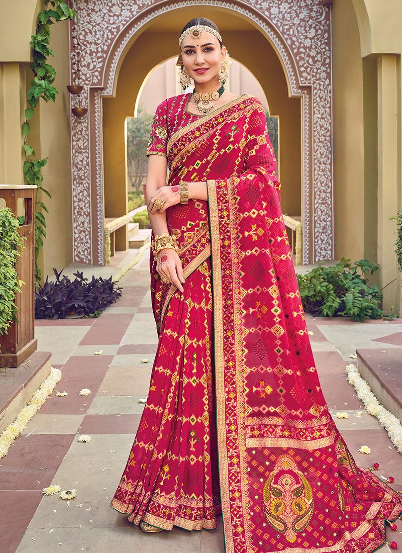 Double Blouse Pure Georgette Red Patola Saree New Online