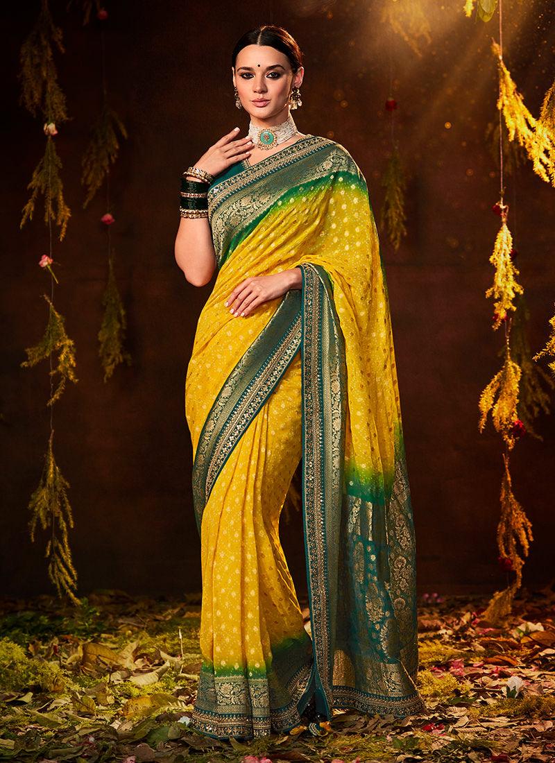 Embroidered Blouse With Yellow Bandhej Saree For Sale 2025