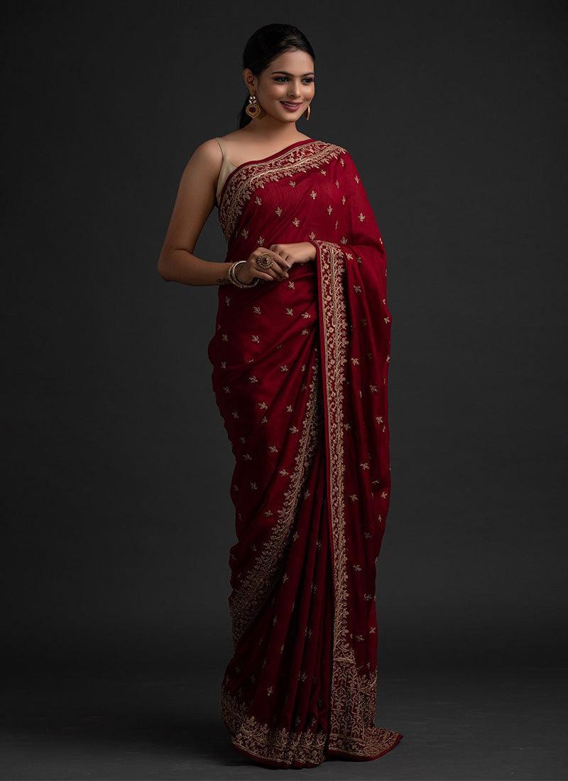 Maroon Color Silk Base Dori And Sequins Work Saree Sale Get To Buy