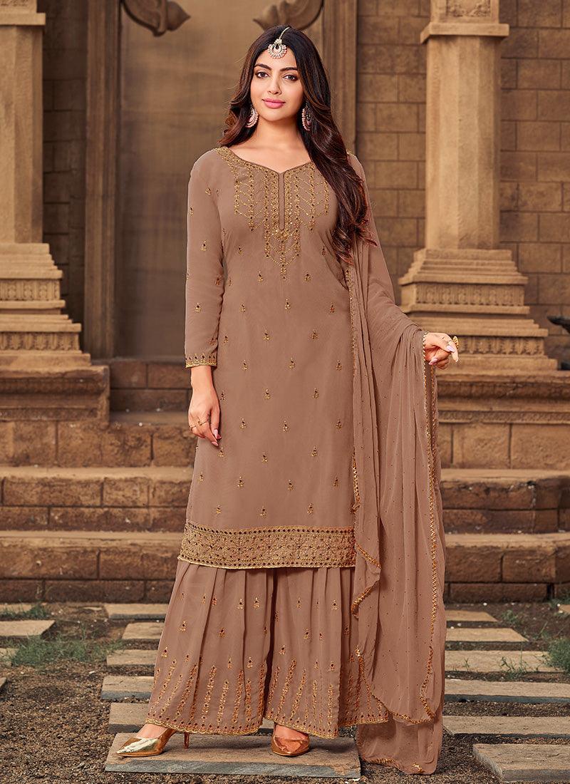 Brown Color Georgette Base Sharara Salwar Suit With Zari Work Cheap Sale Low Pice Fee Shipping