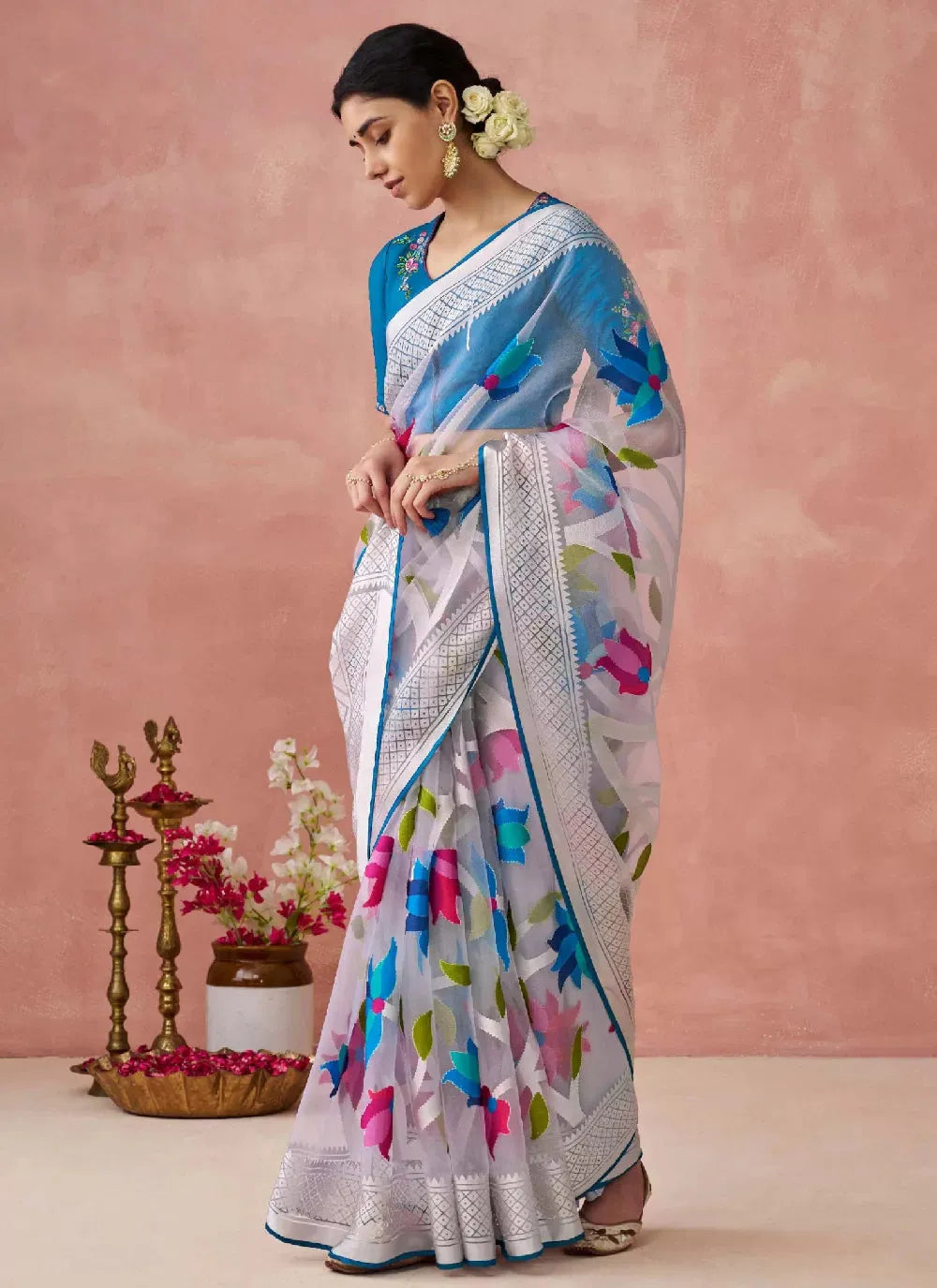 Off White Organza Printed Woven Worked Designer Saree Genuine For Sale