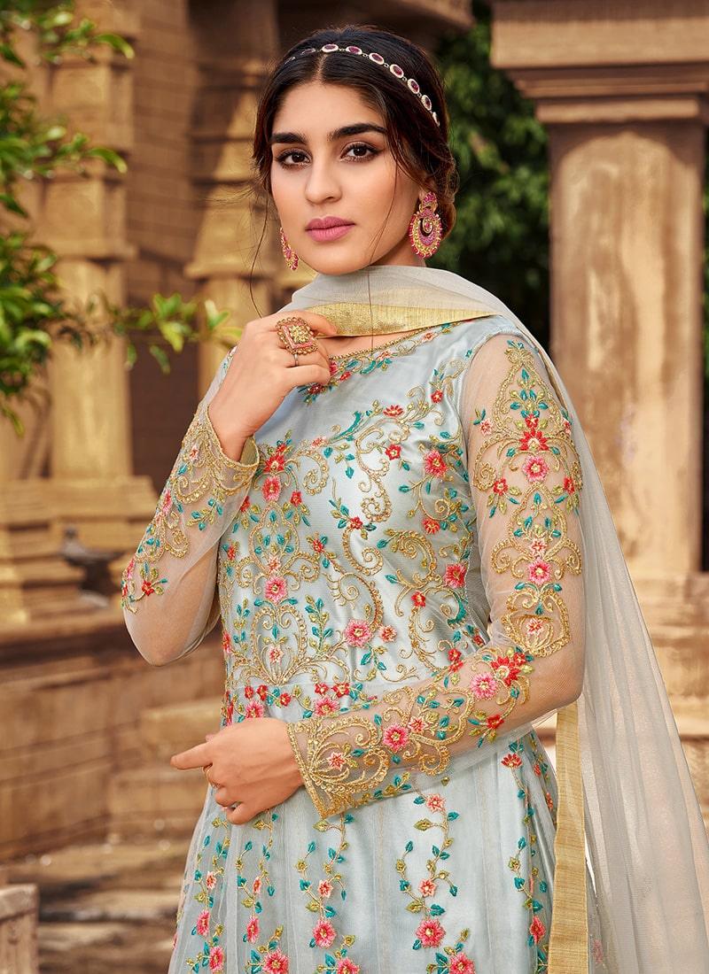 Light Grey Color Soft Net Base Resham Work Anarkali Salwar Suit Shop Sale Online