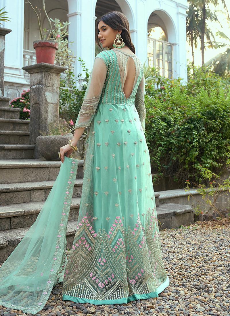 Resham Work Sea Green Net Anarkali Cheap Store