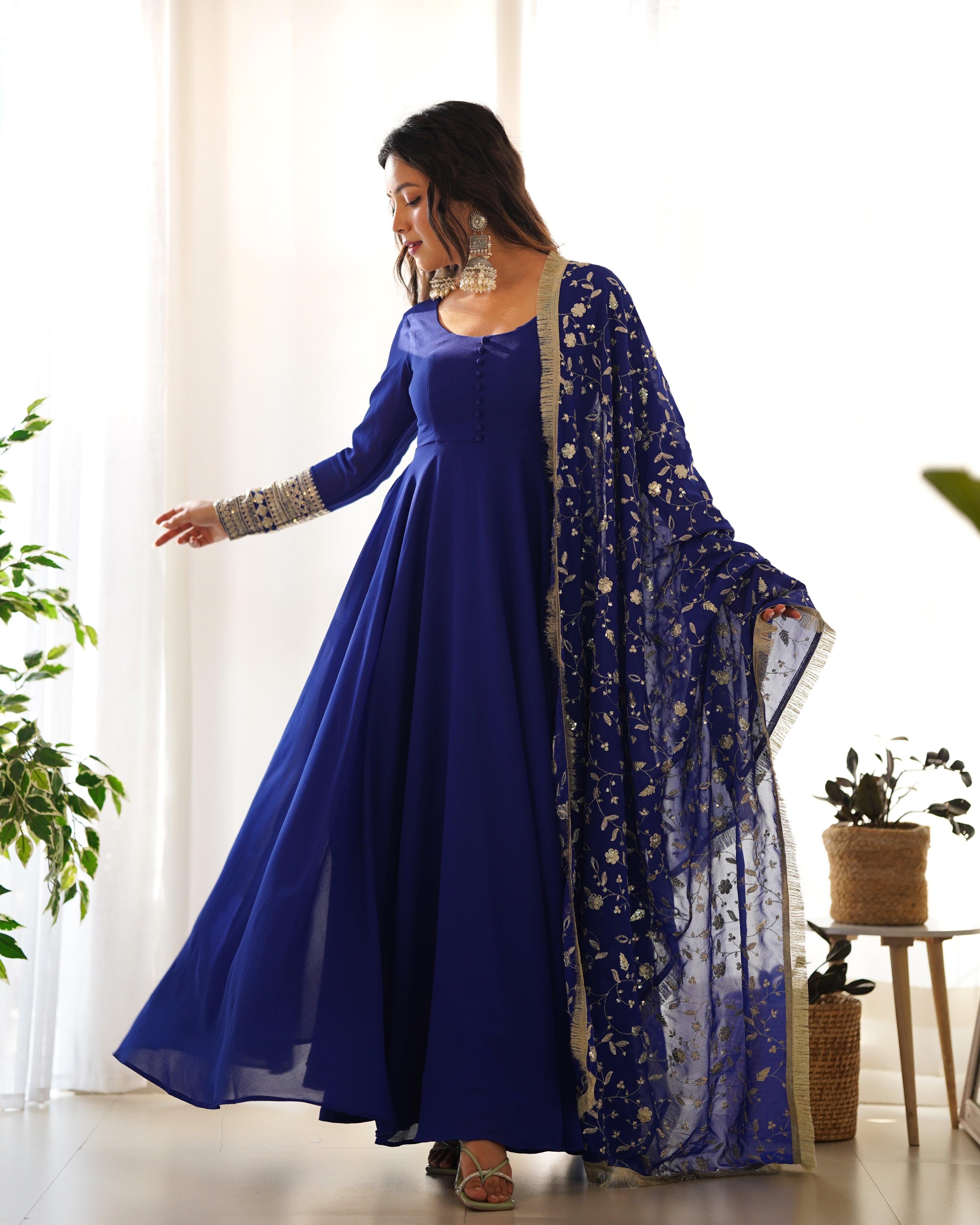 Blue Faux Georgette Anarkali Pant Suit With Sequins Embroidered Dupatta Cheap Wiki